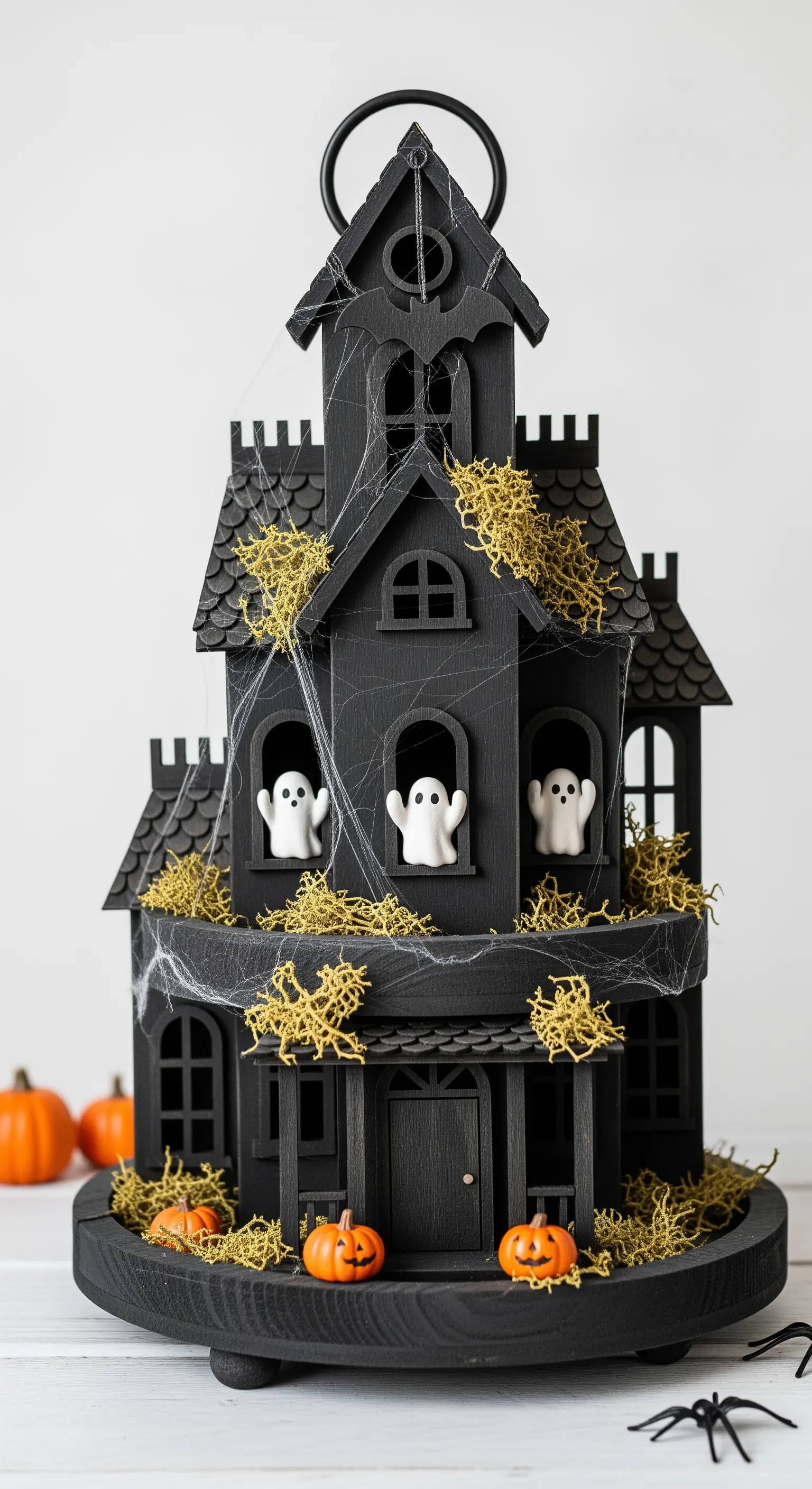 Schwarzes Spukhaus auf einer Etagere dekoriert mit Moos und Geistern.