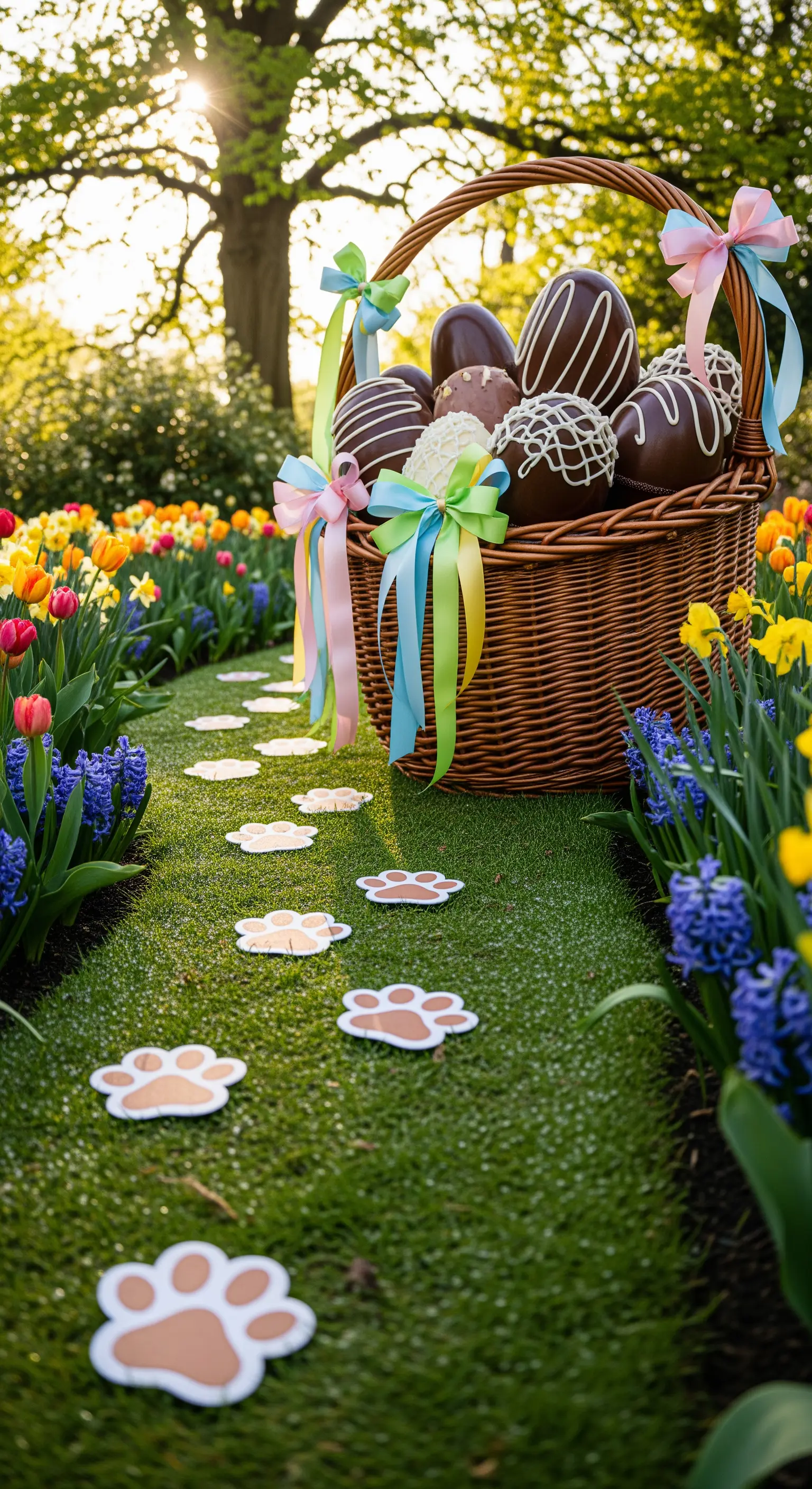 Osterpfad mit Pfotenabdrücken, Korb voller Schokoladeneier und Blumen im Garten