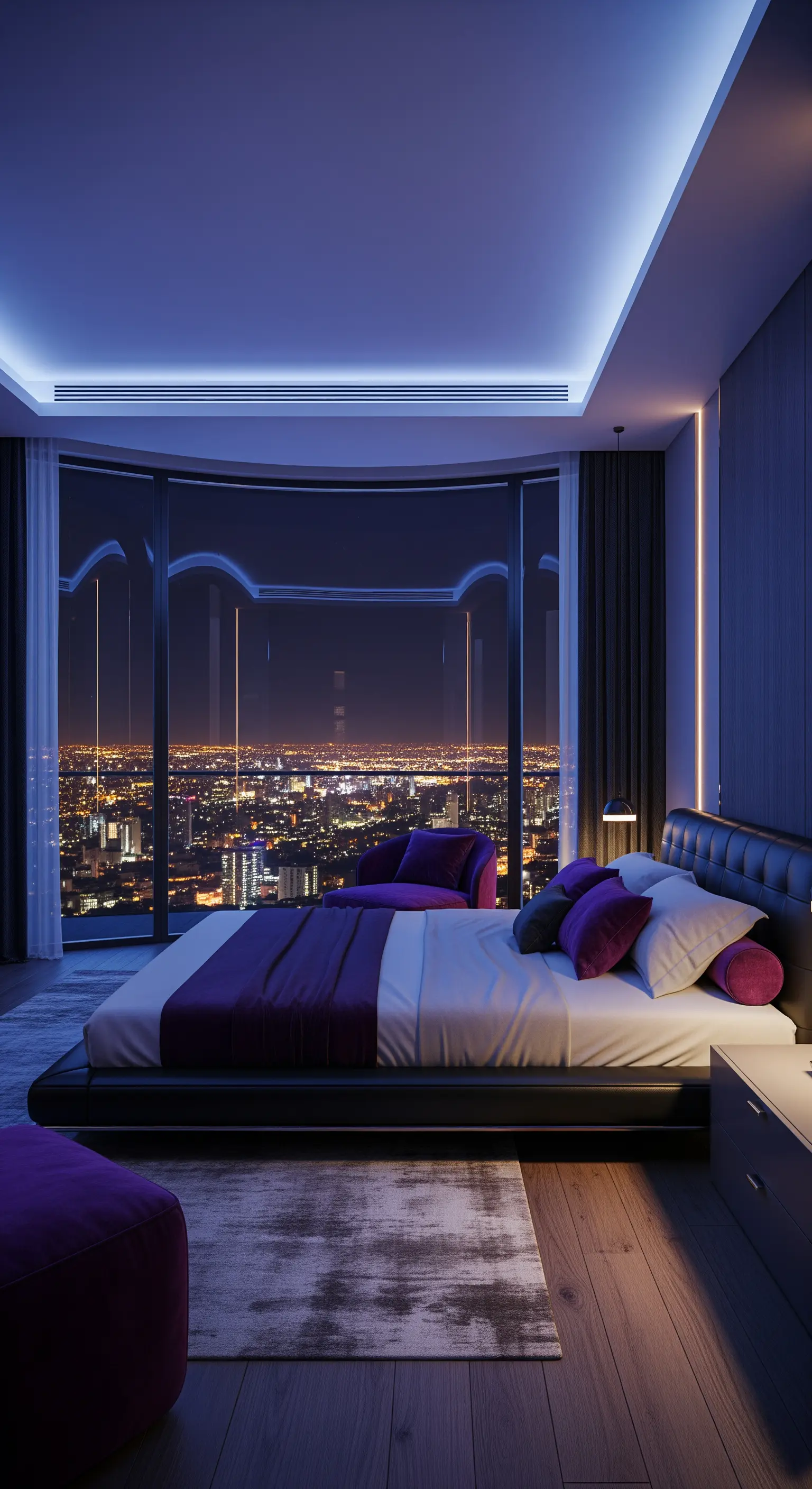 Schlafzimmer mit Panoramafenstern, Stadtblick, schwarzem Lederbett und violetten Akzenten