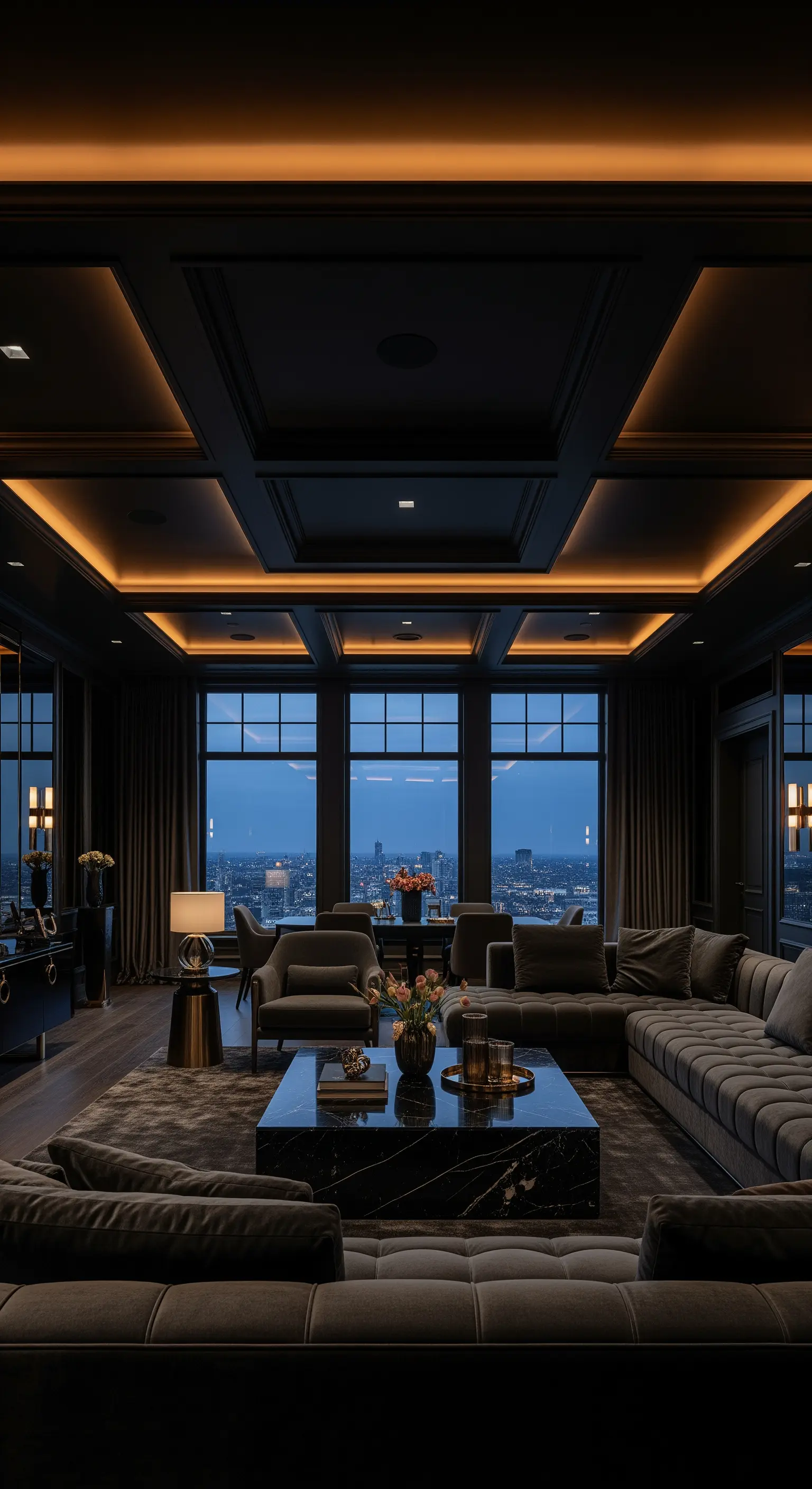 Dunkles Wohnzimmer mit Kassettendecke und indirekter LED-Beleuchtung, Blick auf Stadtlandschaft