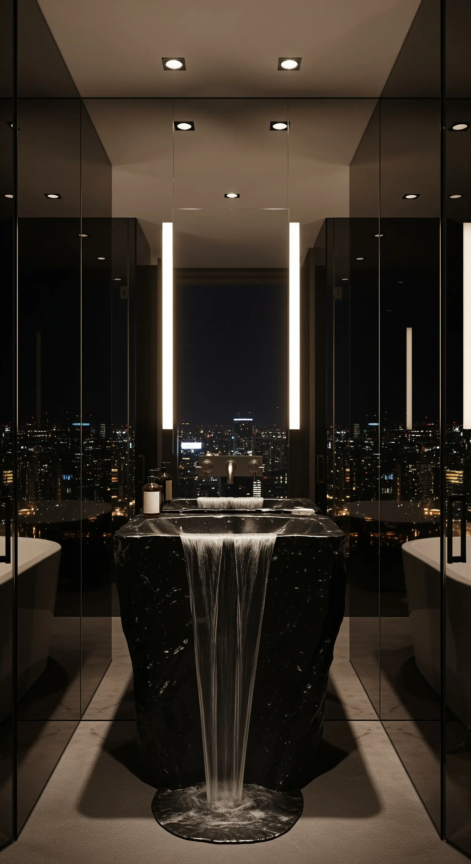 Schwarz-Marmor Waschtisch mit Wasserfall, Stadtblick, Spiegelwände, vertikale Lichter