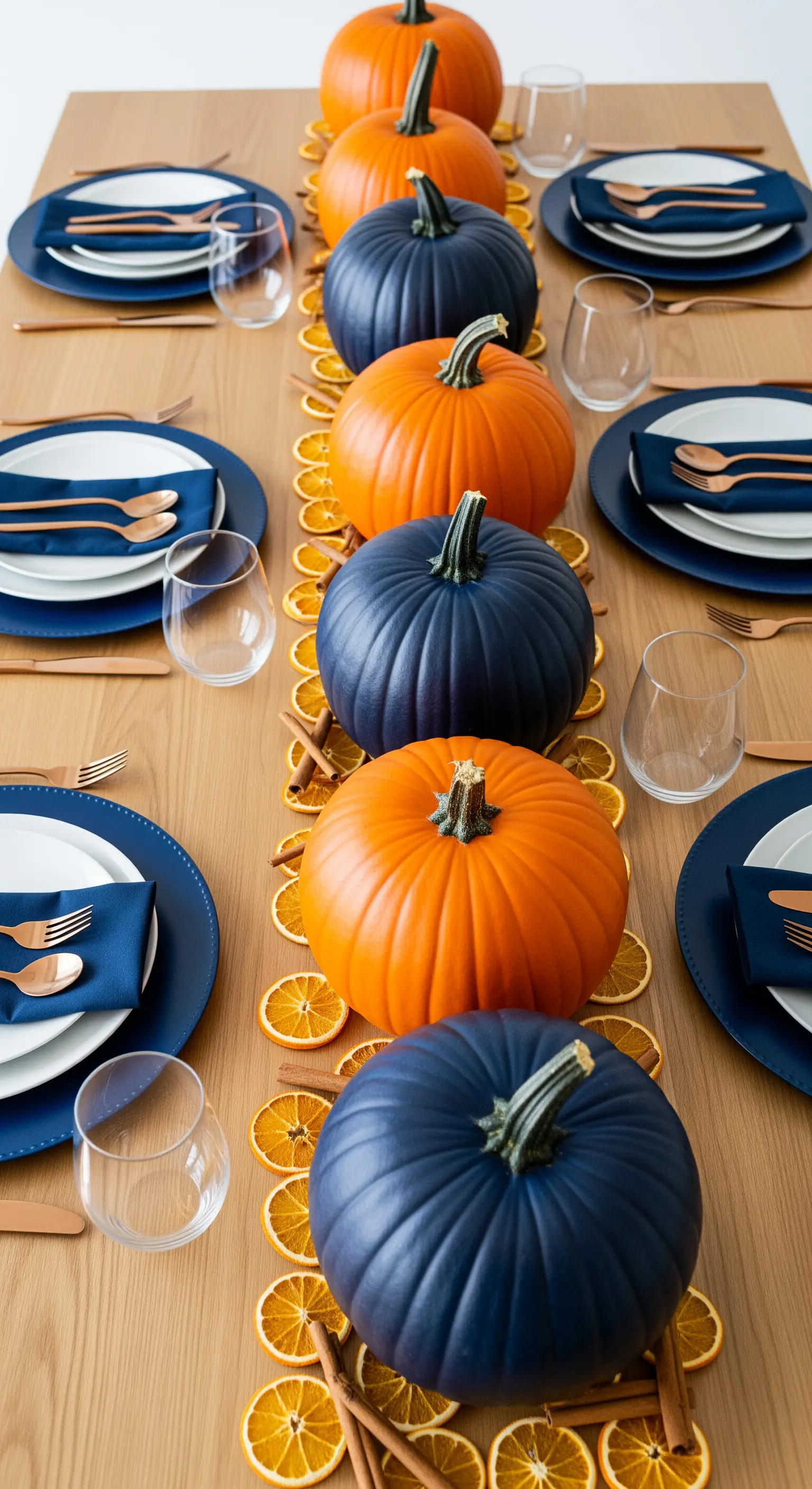 Ein Arrangement aus orangen und marineblauen Kürbissen auf getrockneten Orangenscheiben.