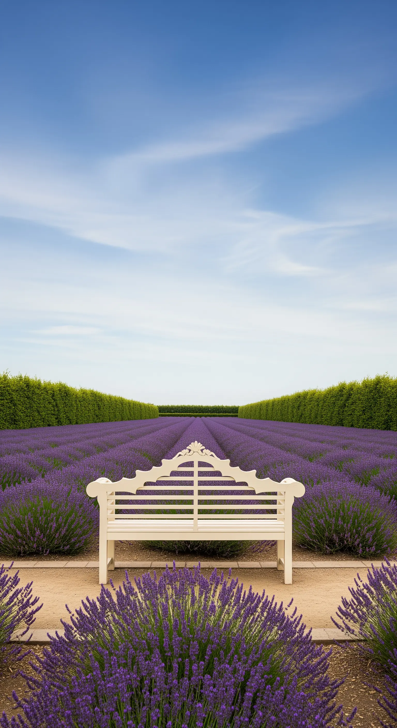 Weiße Gartenbank in einem endlosen Lavendelfeld unter blauem Himmel
