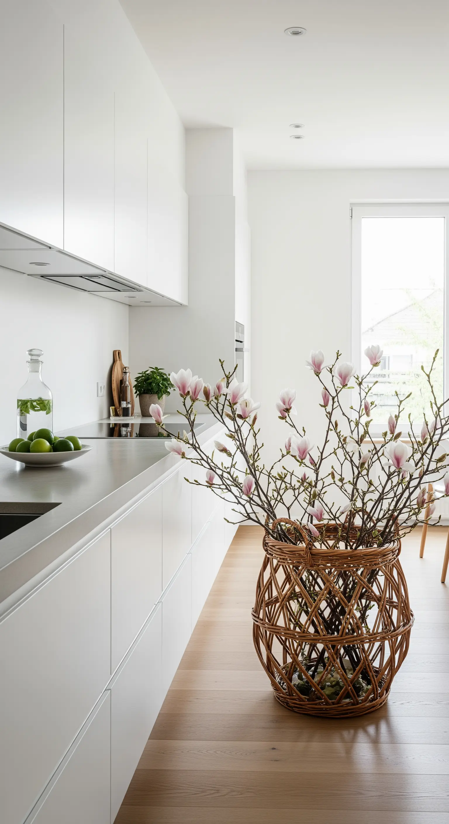 Magnolienzweige in großem geflochtenen Korb in einer weißen, minimalistischen Küche