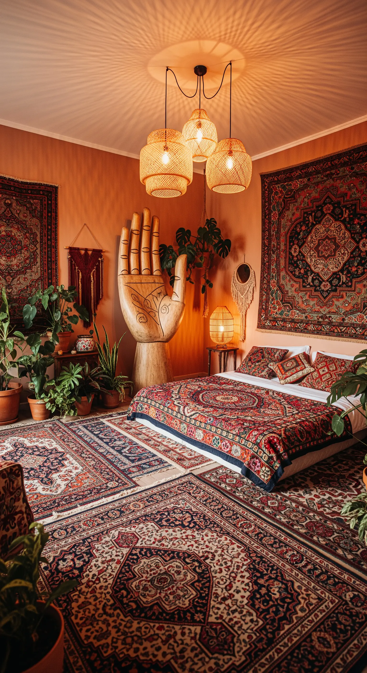 Übergroße Holzhand-Skulptur als Nachttisch in einem maximalistischen Boho-Schlafzimmer.