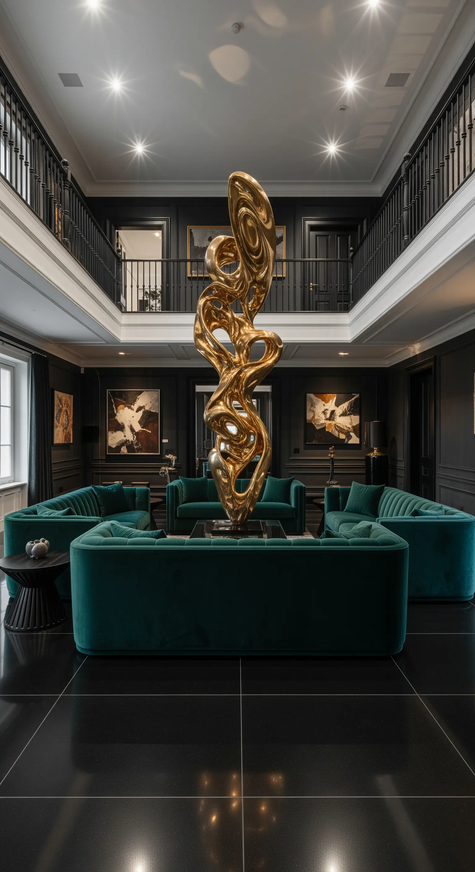 Zentrale goldene Skulptur in dunklem, luxuriösem Foyer.