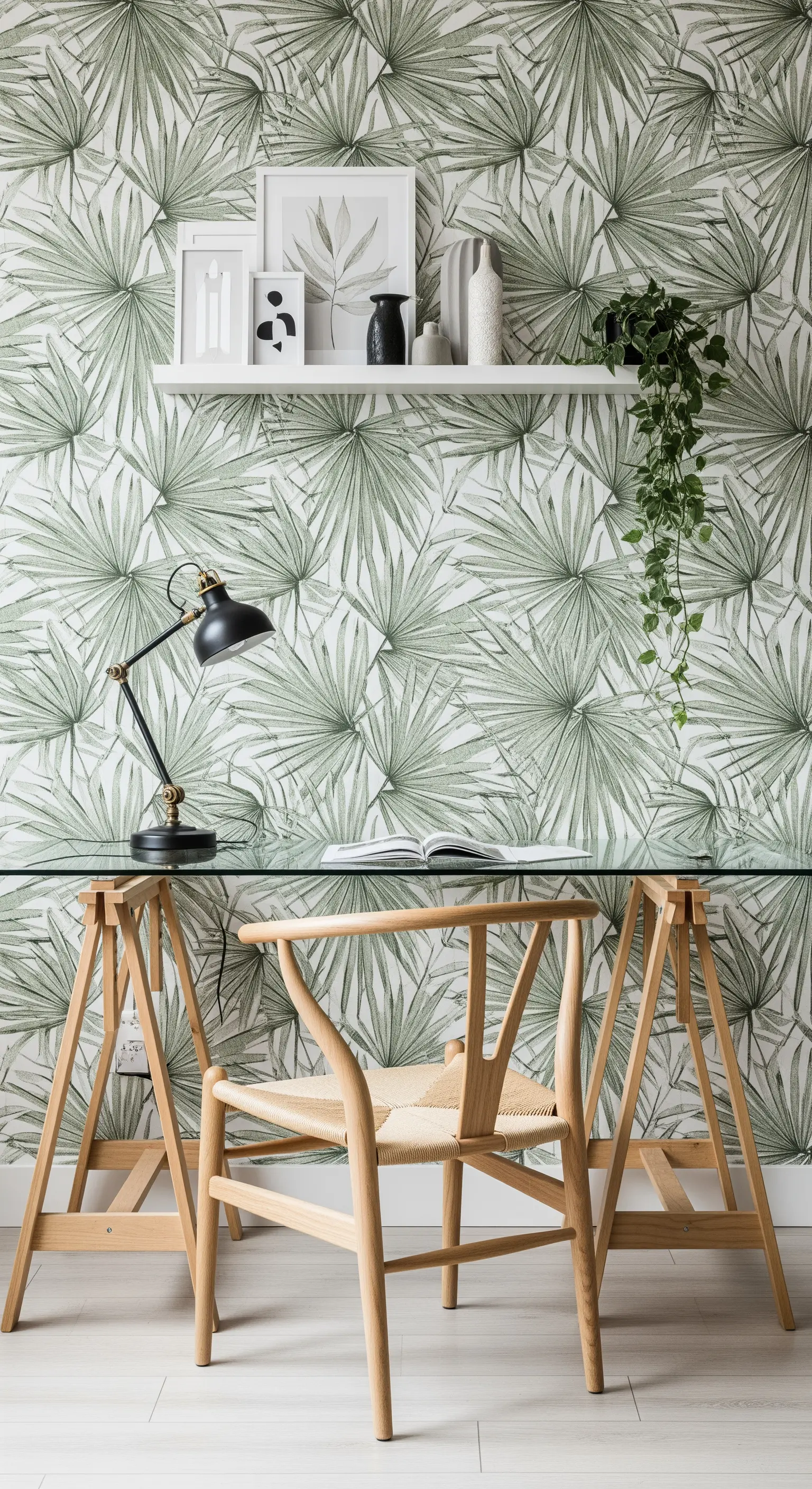 Homeoffice-Ecke mit einer auffälligen Tapete mit grünen Palmwedeln und einem Glastisch