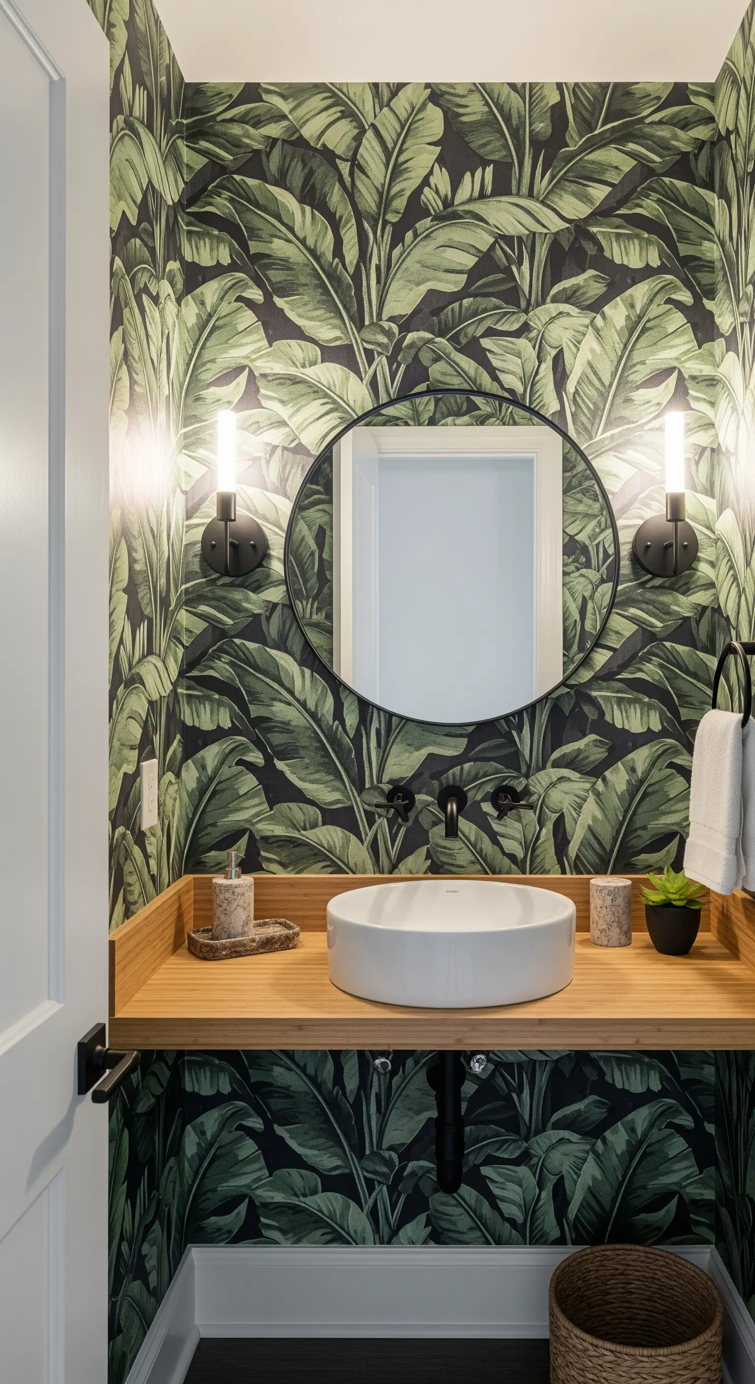Gästebad mit einer Tapete mit großen, grünen Bananenblättern und einem Waschtisch aus Holz