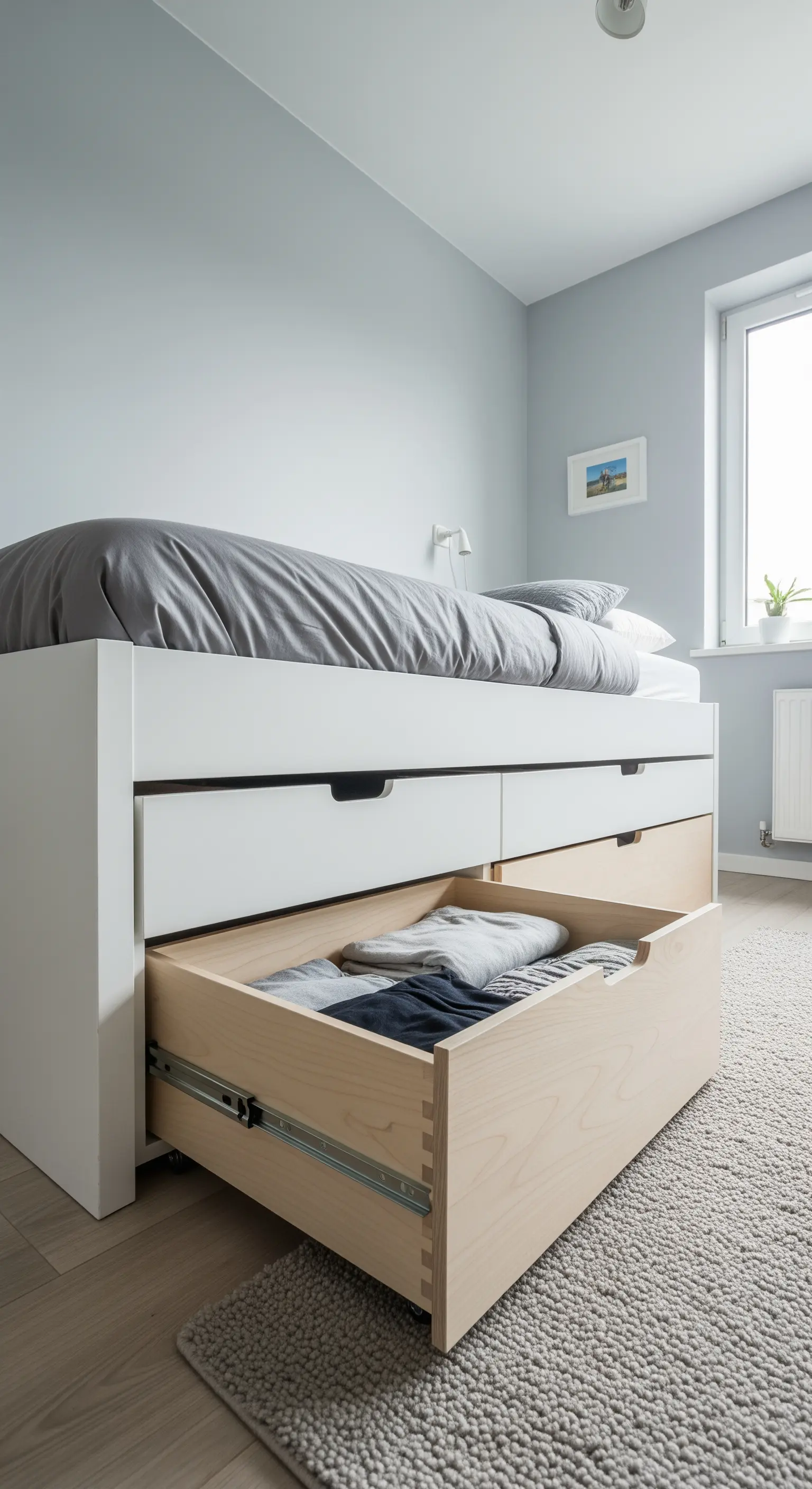 Weißes Bett mit großen Schubladen aus hellem Holz für maximalen, unsichtbaren Stauraum.
