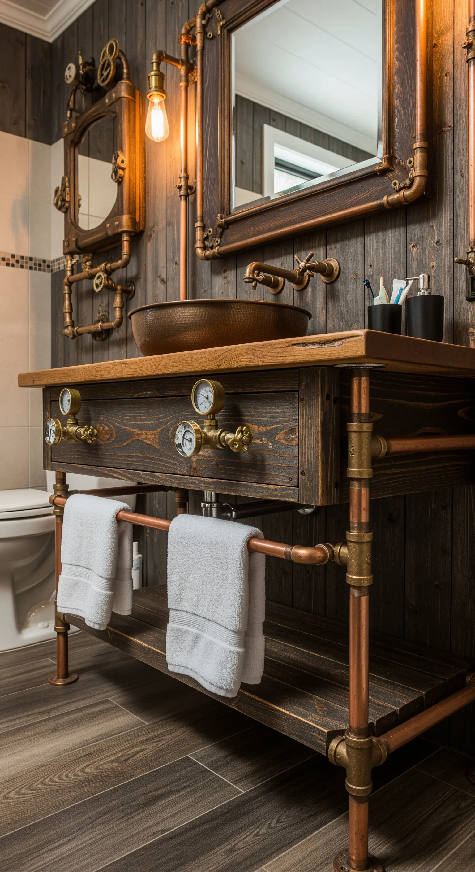 Steampunk-Waschtisch aus Kupferrohren und dunklem Holz mit Manometern.