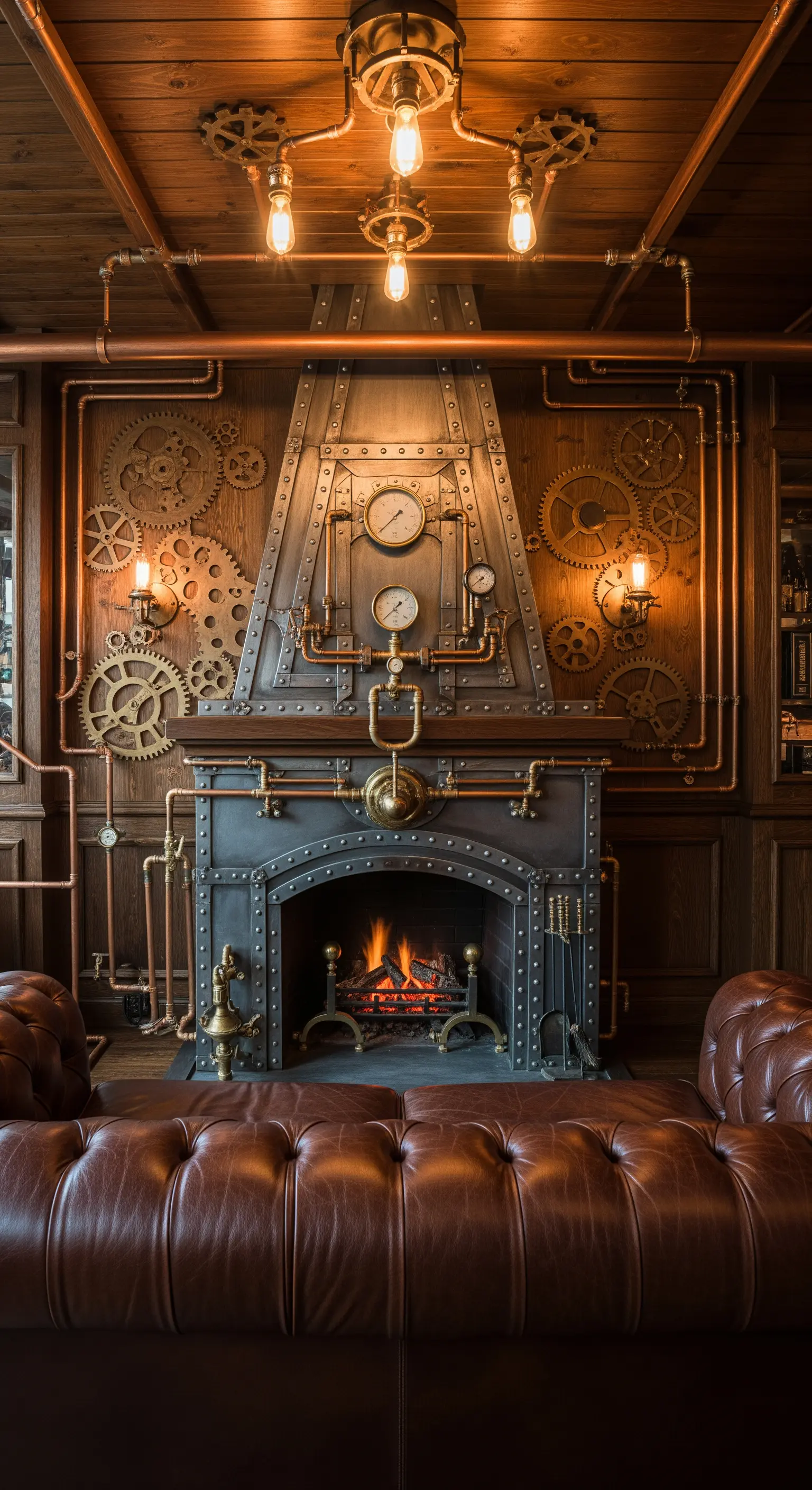 Kamin im Steampunk-Design mit Kupferrohren, Zahnrädern und einem Ledersofa.