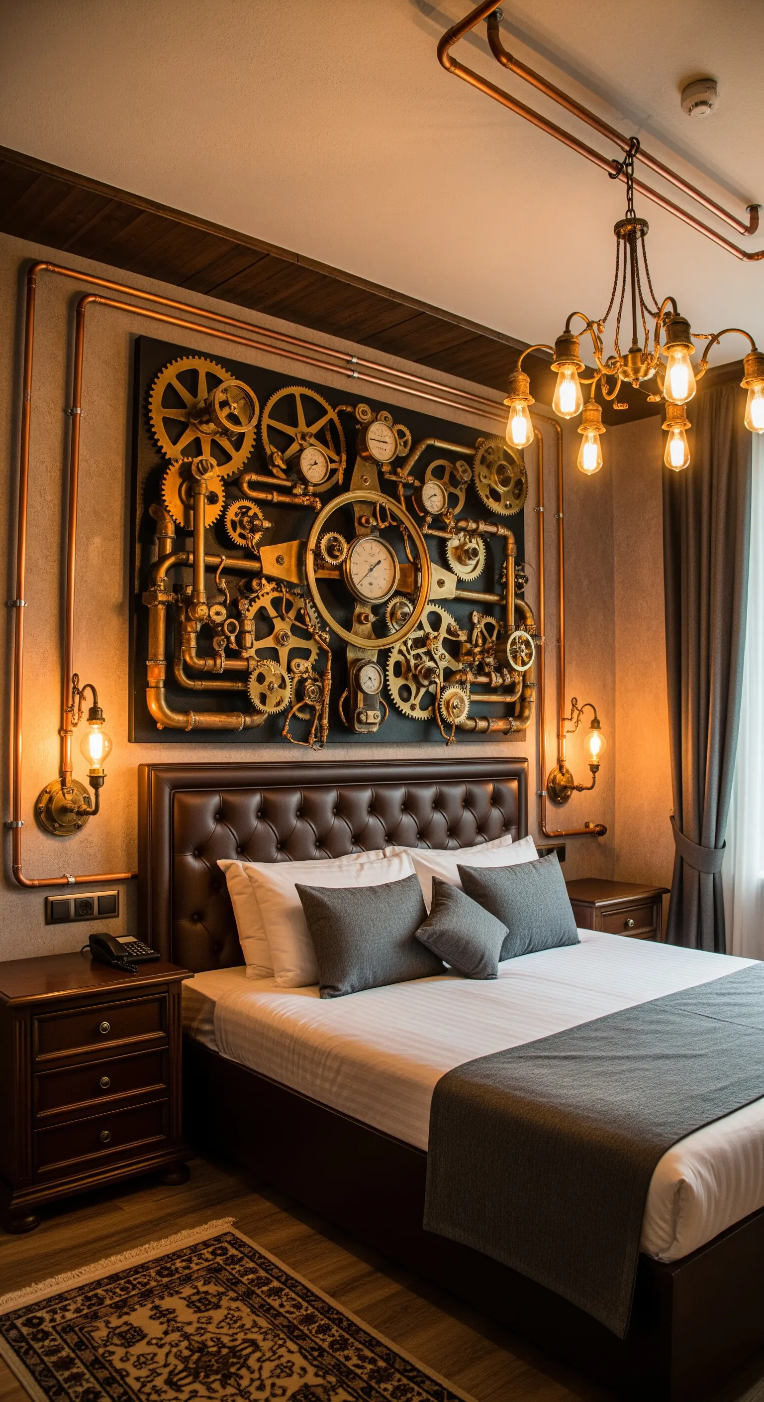 Komplexe Steampunk-Installation aus Zahnrädern und Rohren als Kopfteil im Schlafzimmer.