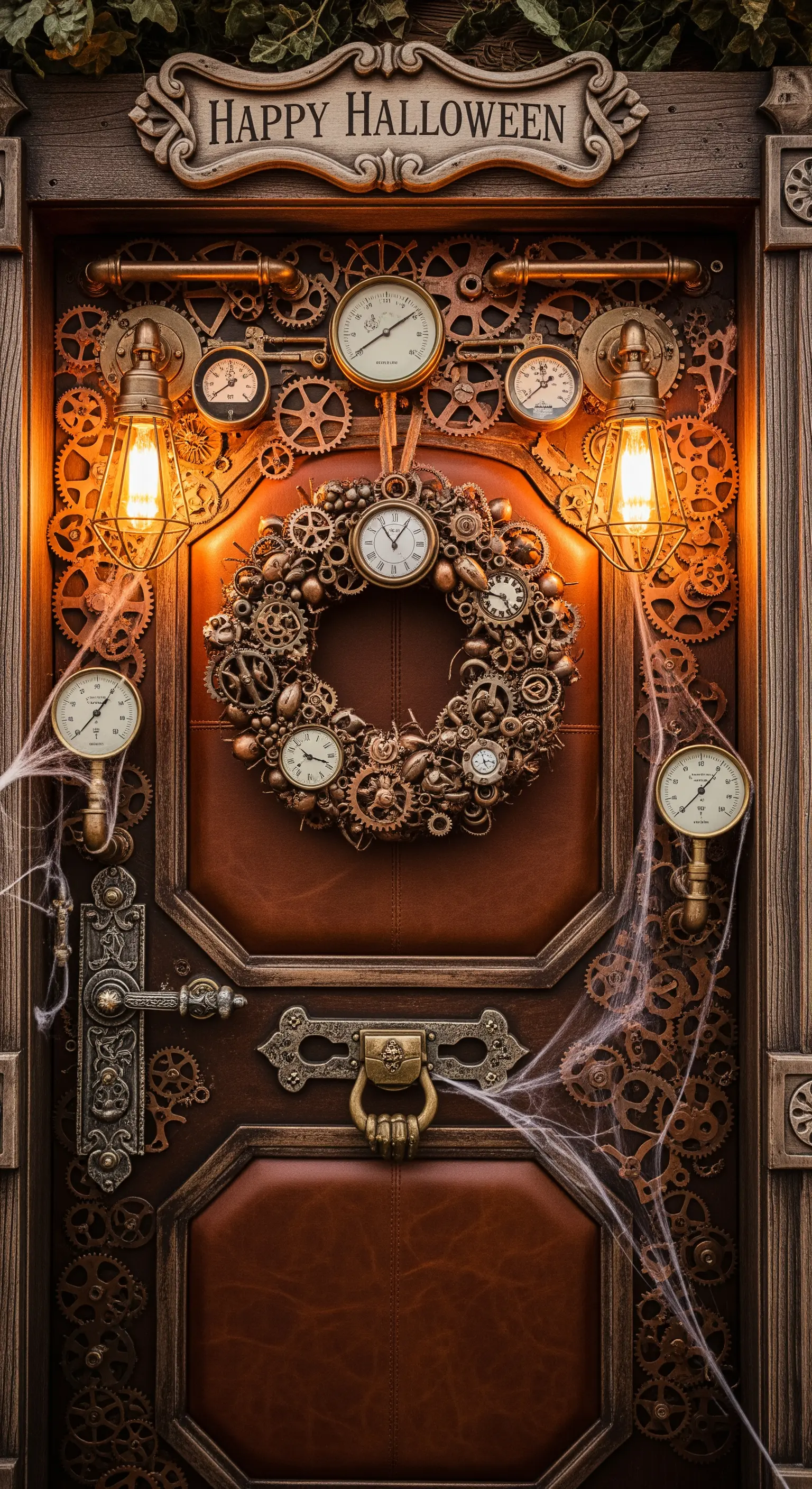 Steampunk-Tür mit Zahnrädern, Uhren, Messingleuchten und Spinnweben.