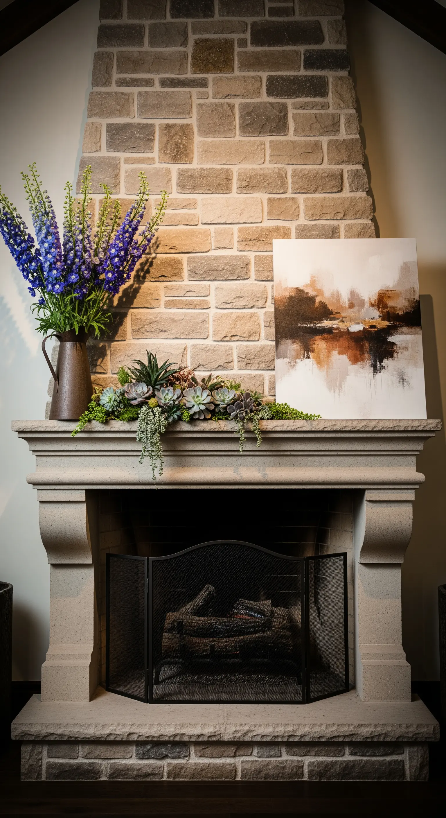 Steinkamin mit einer liegenden Sukkulenten-Girlande und einem hohen Strauß blauen Rittersporns