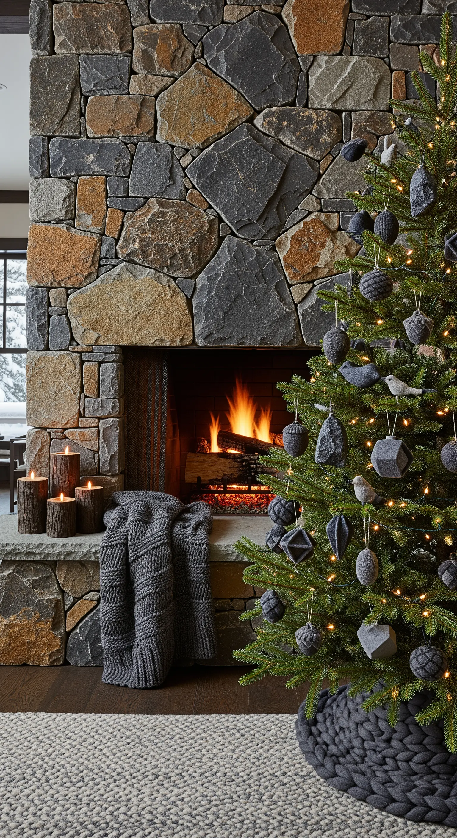 Weihnachtsbaum in Grau/Moosgrün, geometrische Kugeln, Steinkamin, graue Strickdecke.