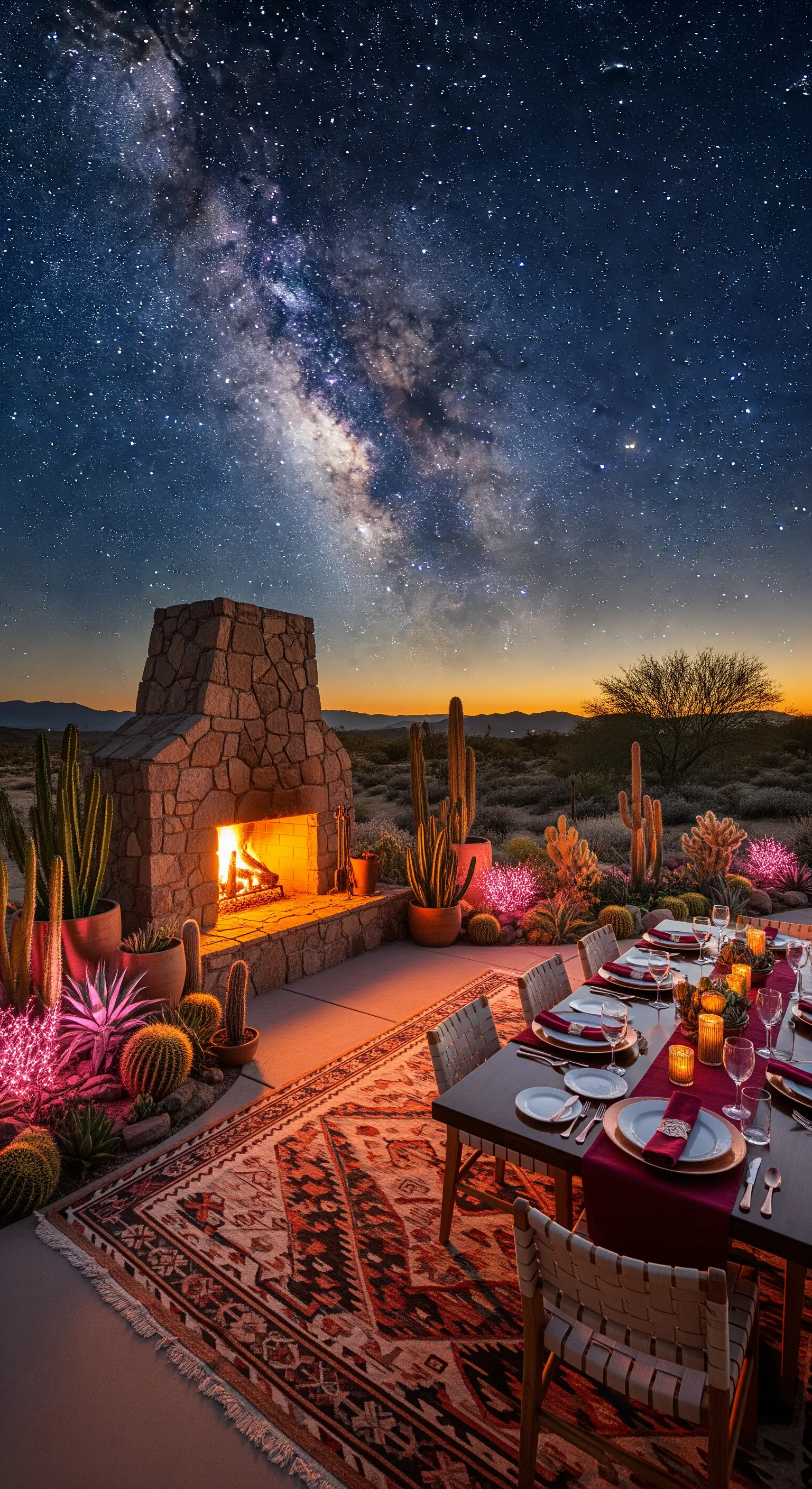Wüsten-Setting mit Kamin, langer Tafel, Kakteen und funkelndem Sternenhimmel.