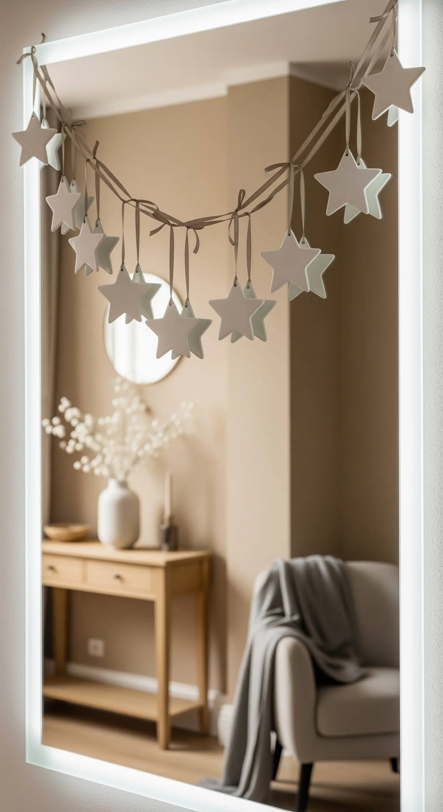 Spiegeleingang mit Sternengirlande und reflektiertem Wohnbereich.