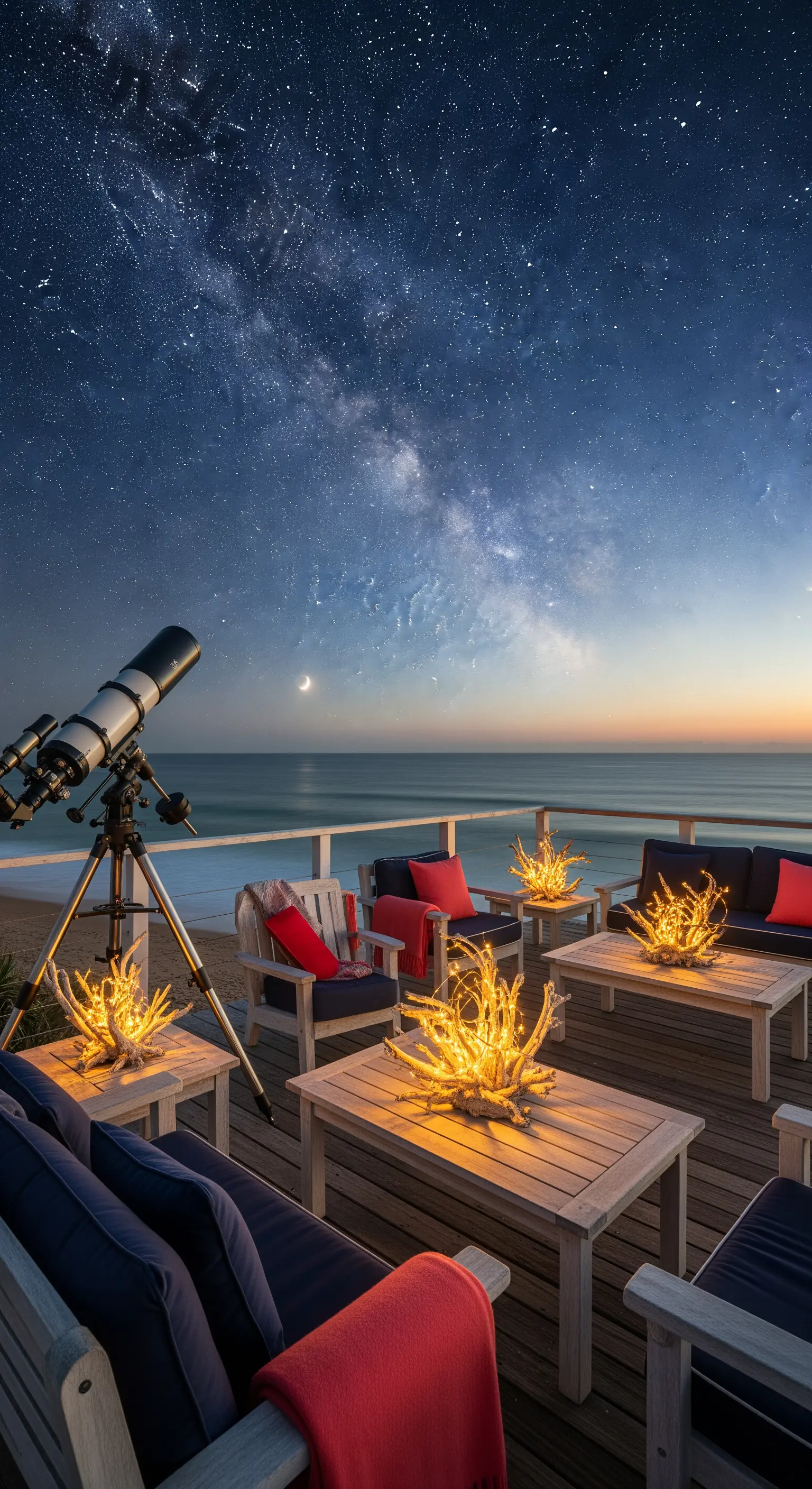 Meerblick-Terrasse mit Lounge-Möbeln, Teleskop und leuchtenden Deko-Elementen.