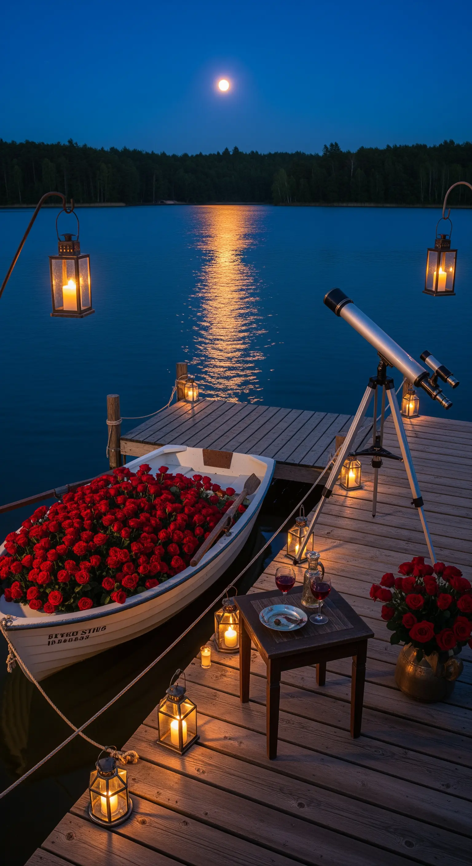 Romantisch beleuchteter Steg mit Rosenboot und Teleskop am Seeufer.