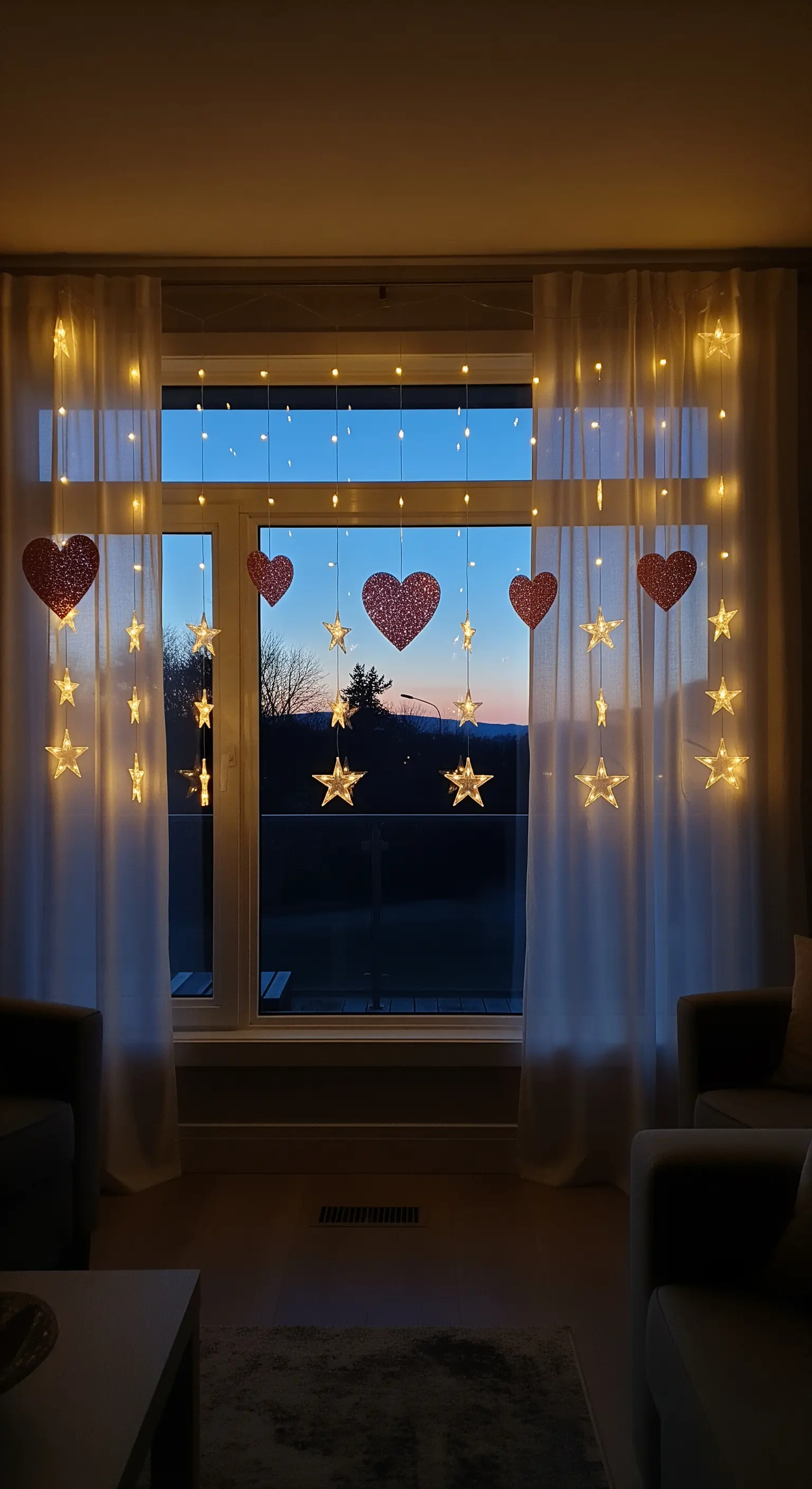 Ein Fenstervorhang aus Lichterketten mit Sternen und hängenden Glitzerherzen.