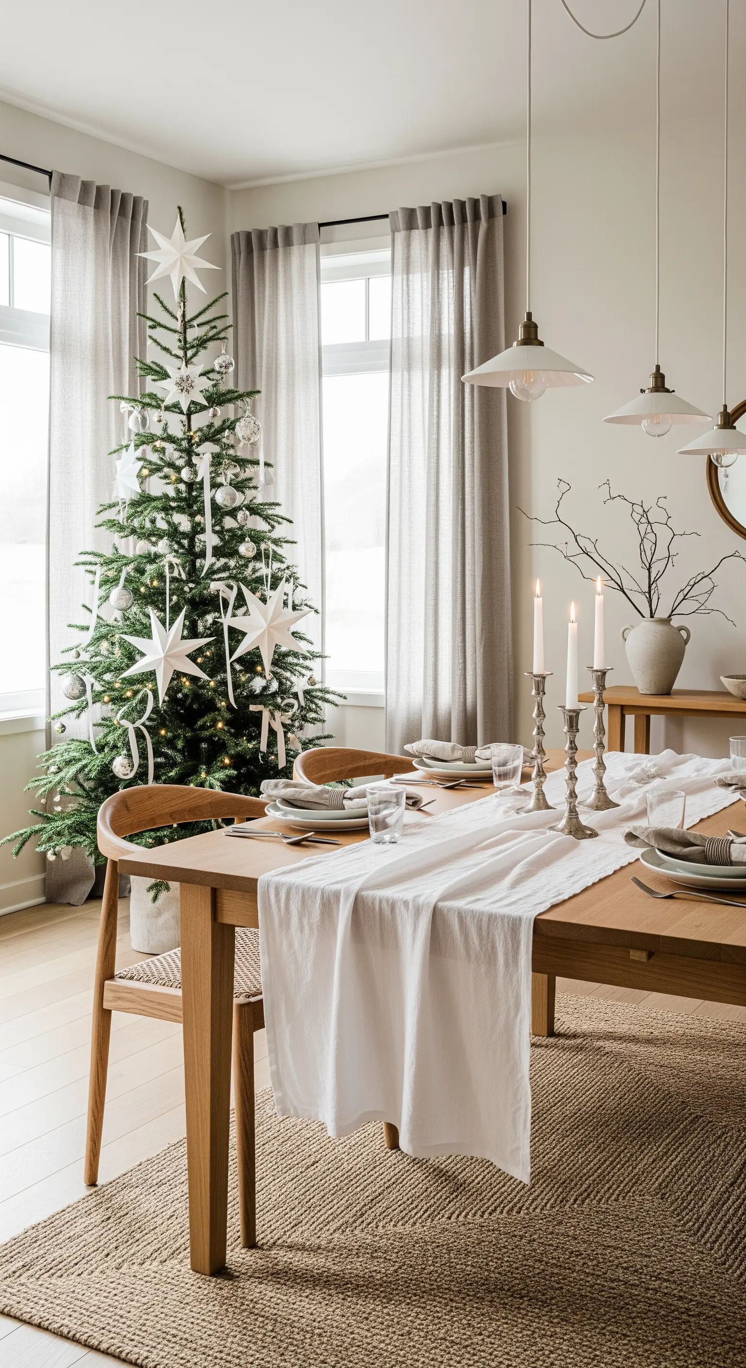 Weihnachtsbaum mit großen weißen Sternen und Deko am skandinavischen Esstisch.