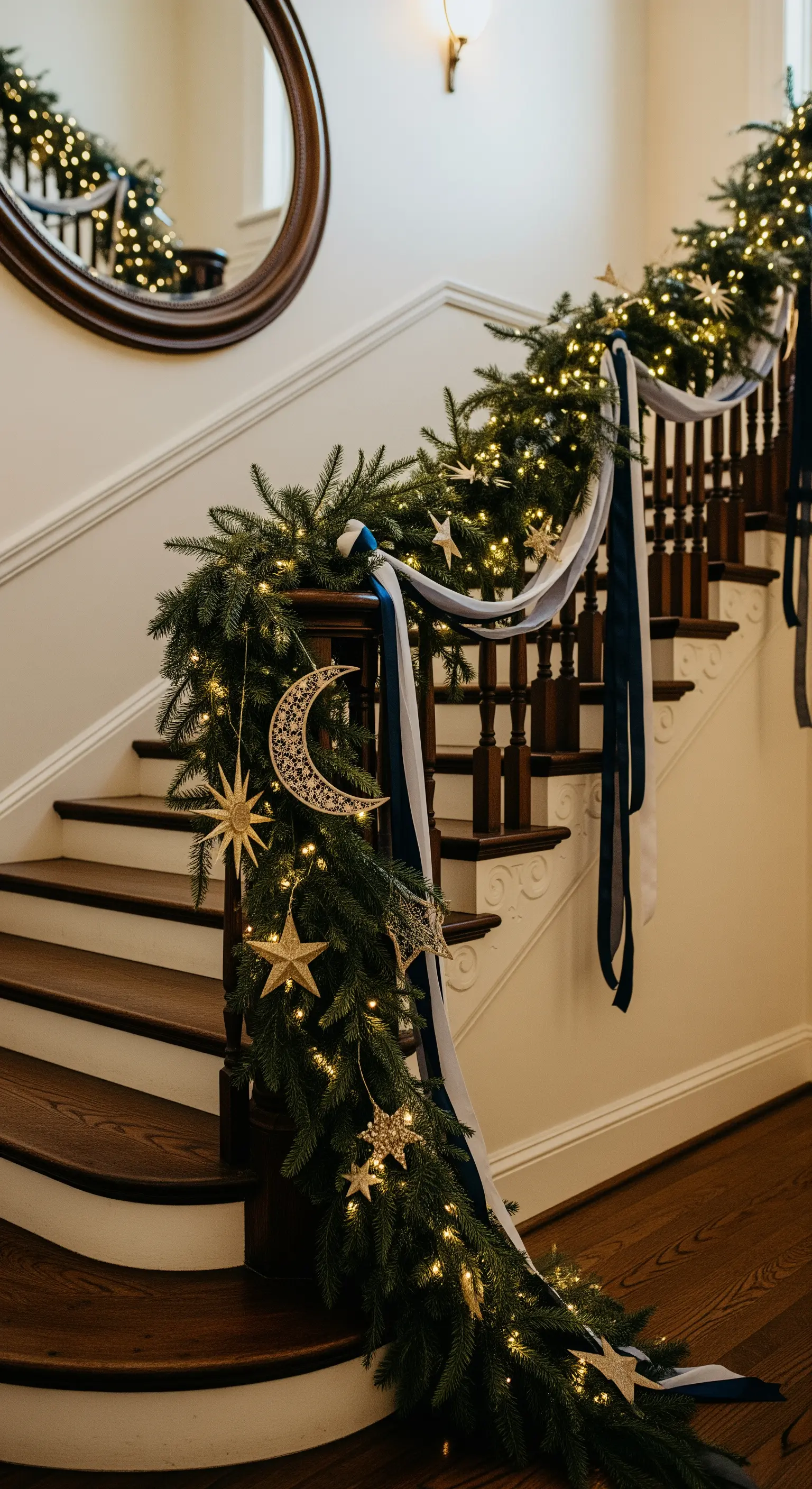 Holztreppe mit Tannengirlande, goldene Sterne/Mond, blaue/weiße Bänder, Lichter.