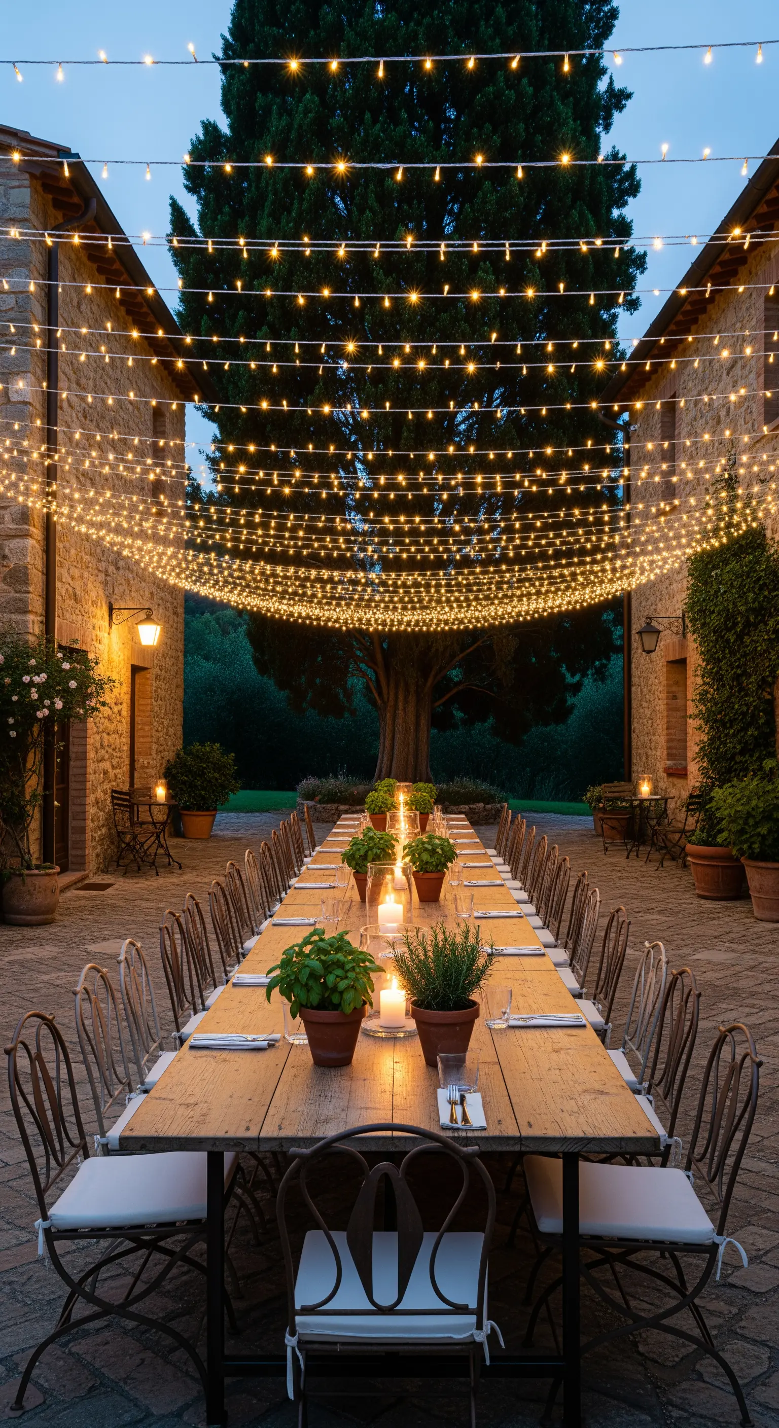 Langer Esstisch im Freien unter einem Himmel aus Lichterketten für eine festliche Abendgesellschaft.