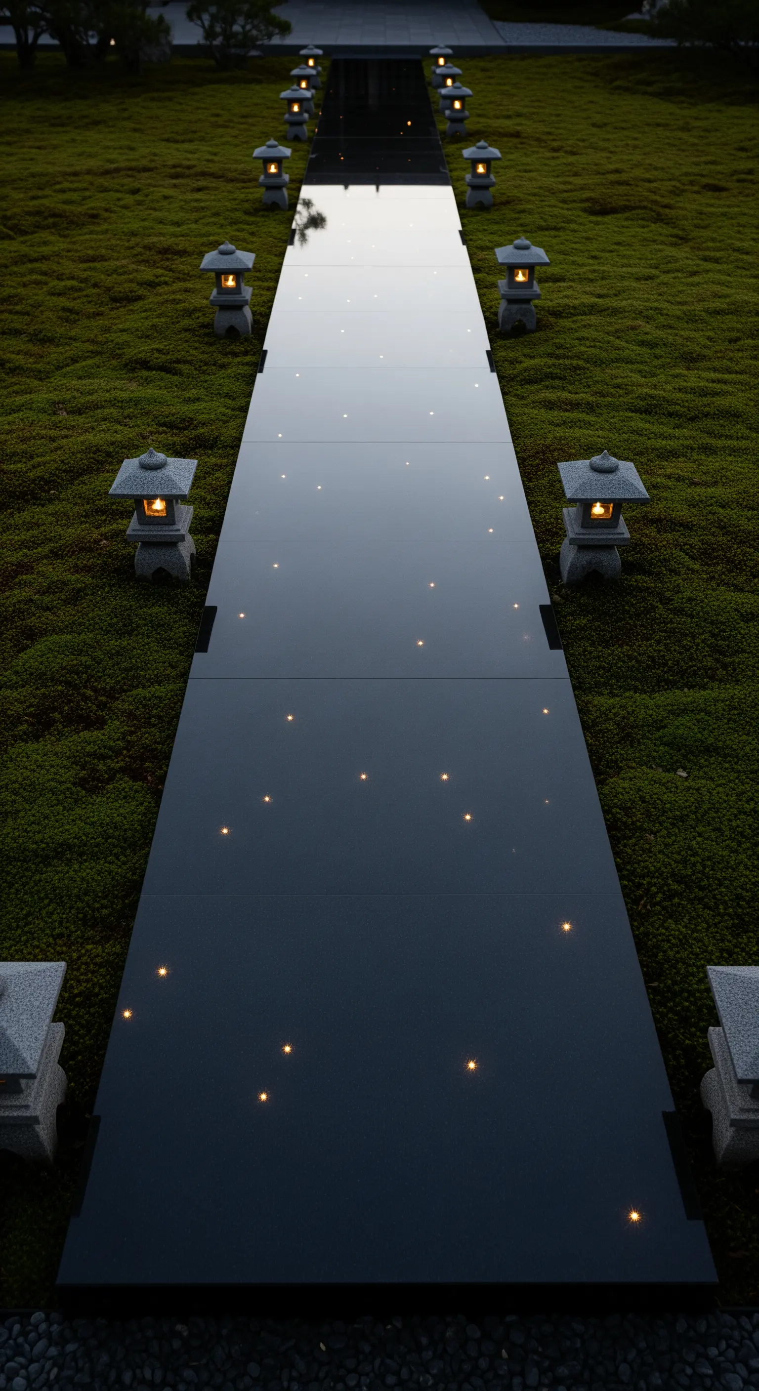 Ein spiegelglatter, schwarzer Weg mit integrierten LED-Lichtpunkten, gesäumt von Steinlaternen auf Moos.