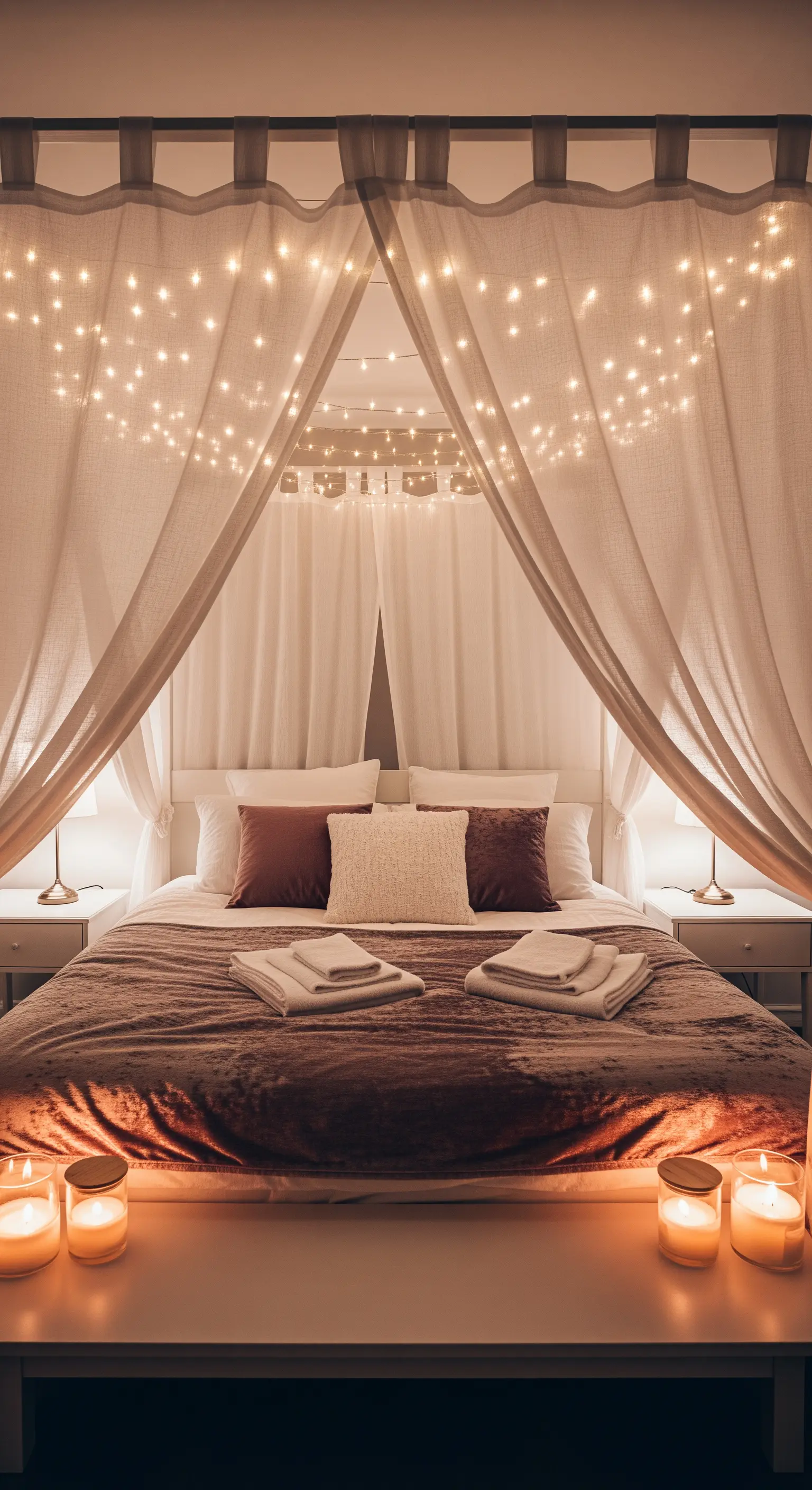 Himmelbett mit transparenten Vorhängen und Lichterketten, die einen Sternenhimmel-Effekt erzeugen.