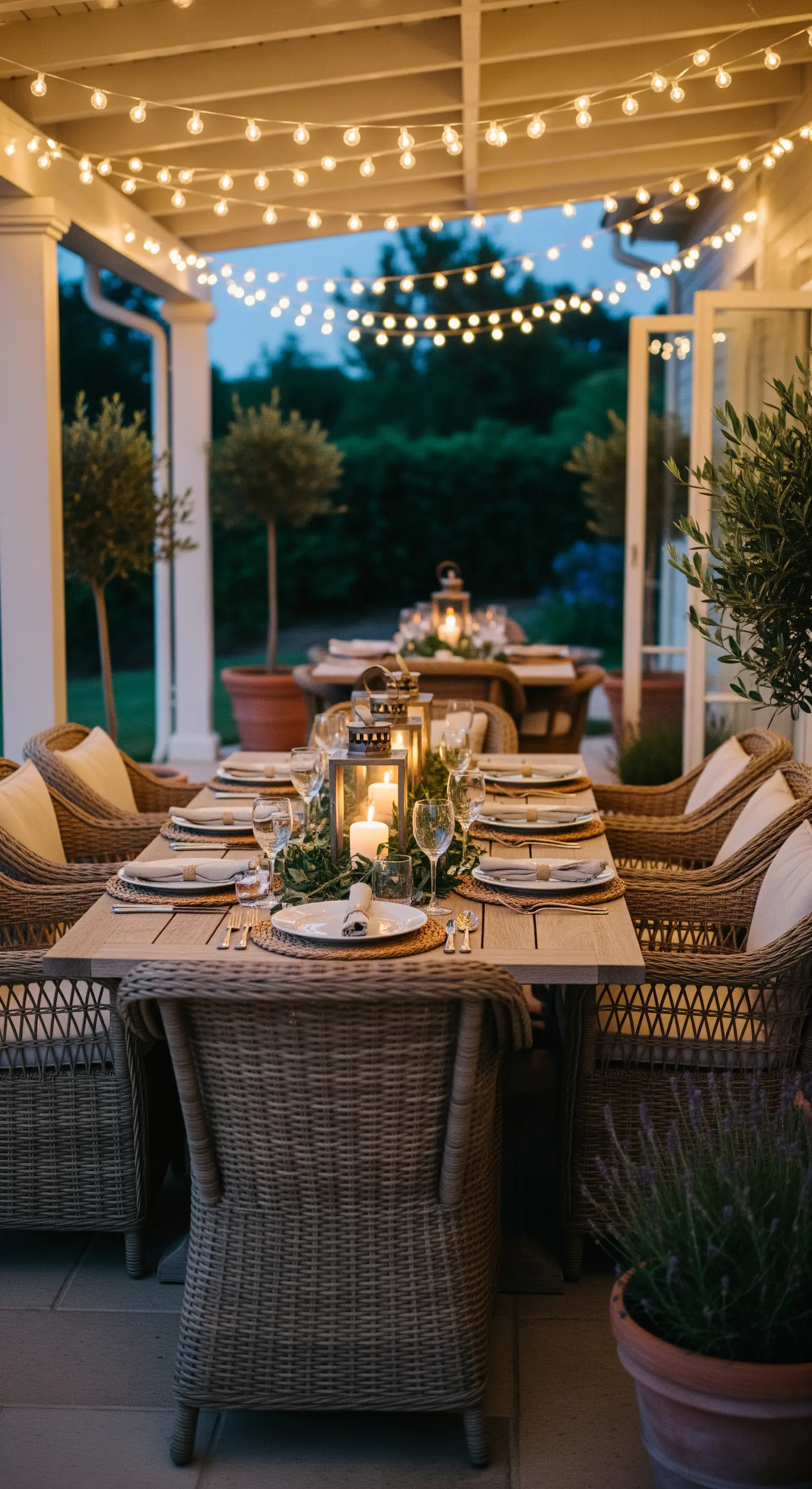 Abendliche Terrasse mit einem gedeckten Tisch unter einer Lichterkette.