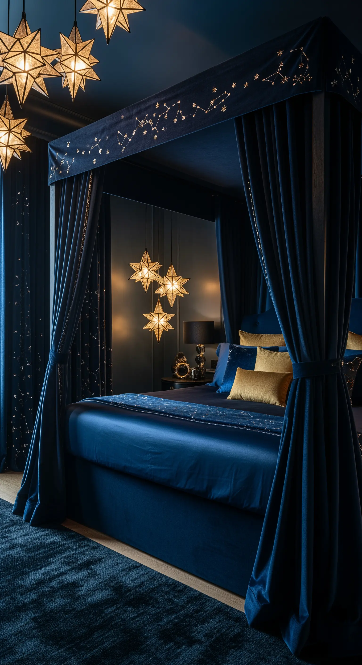 Nachtblaues Himmelbett, goldene Sterne, Samtvorhänge, Sternenlampen, magisch