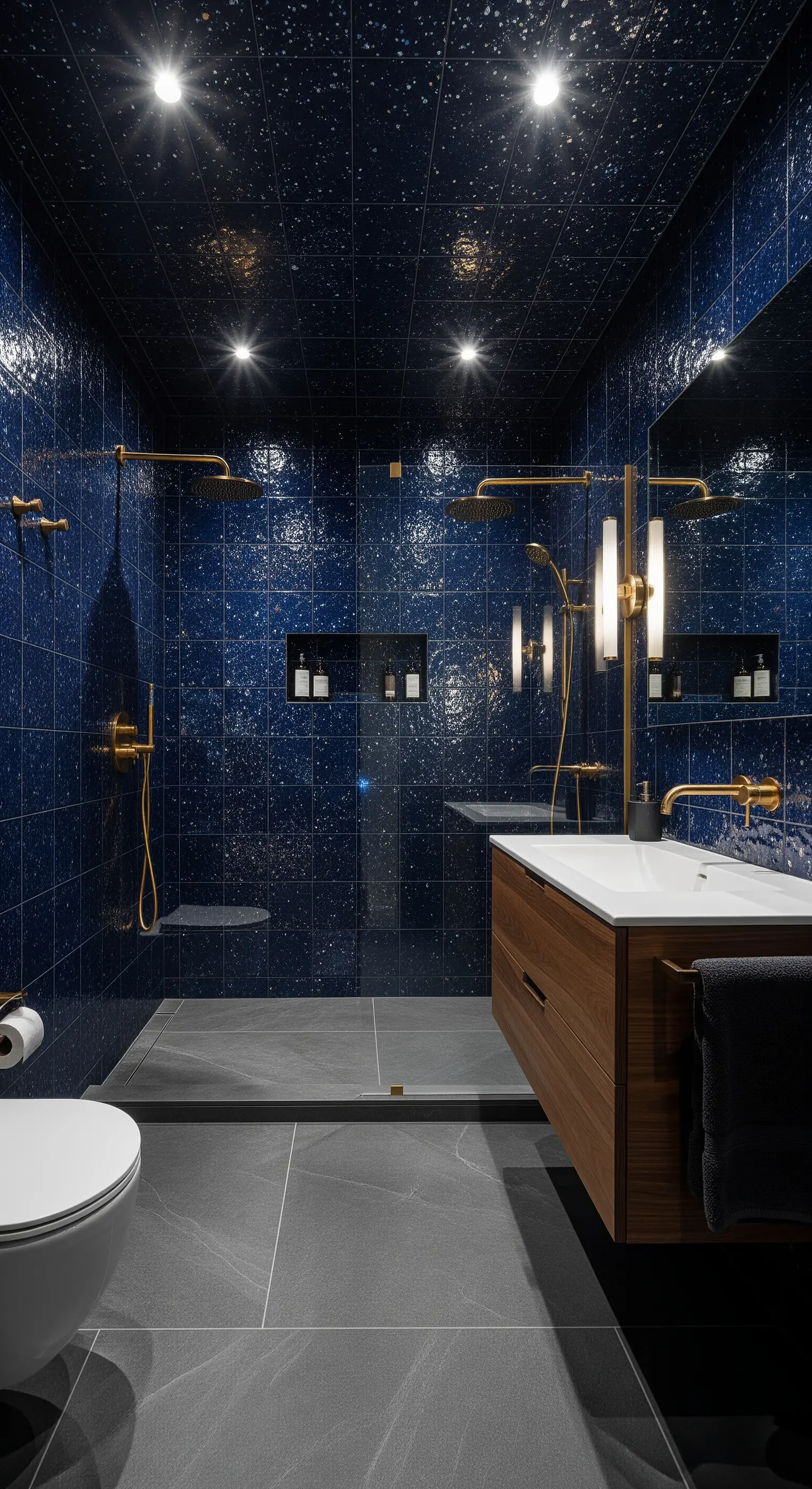 Dunkelblaues Badezimmer mit gesprenkelten Fliesen, die wie ein Sternenhimmel wirken.