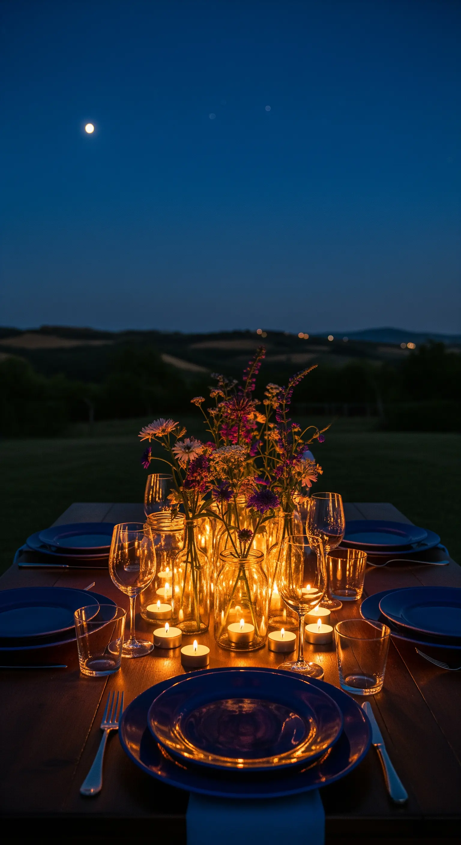 Tisch bei Nacht, beleuchtet von vielen Teelichtern in Gläsern und kleinen Blumenvasen.