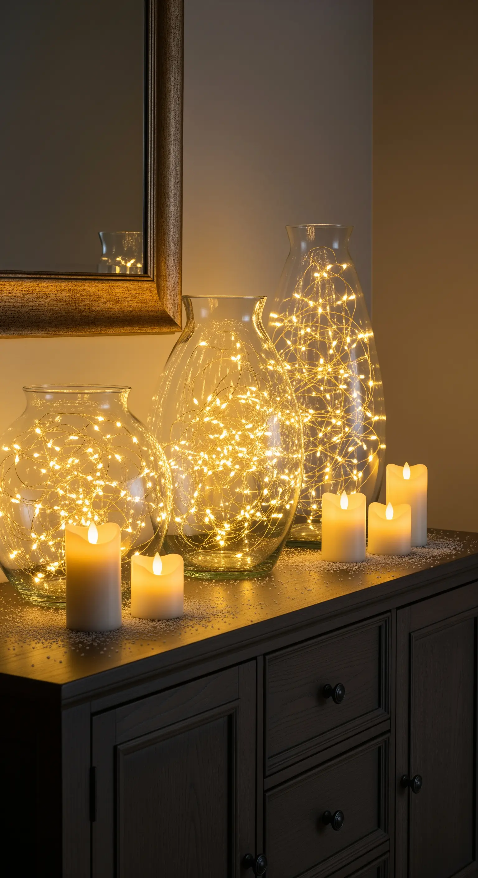 Glasvasen gefüllt mit Lichterketten neben LED-Kerzen auf einem dunklen Sideboard.