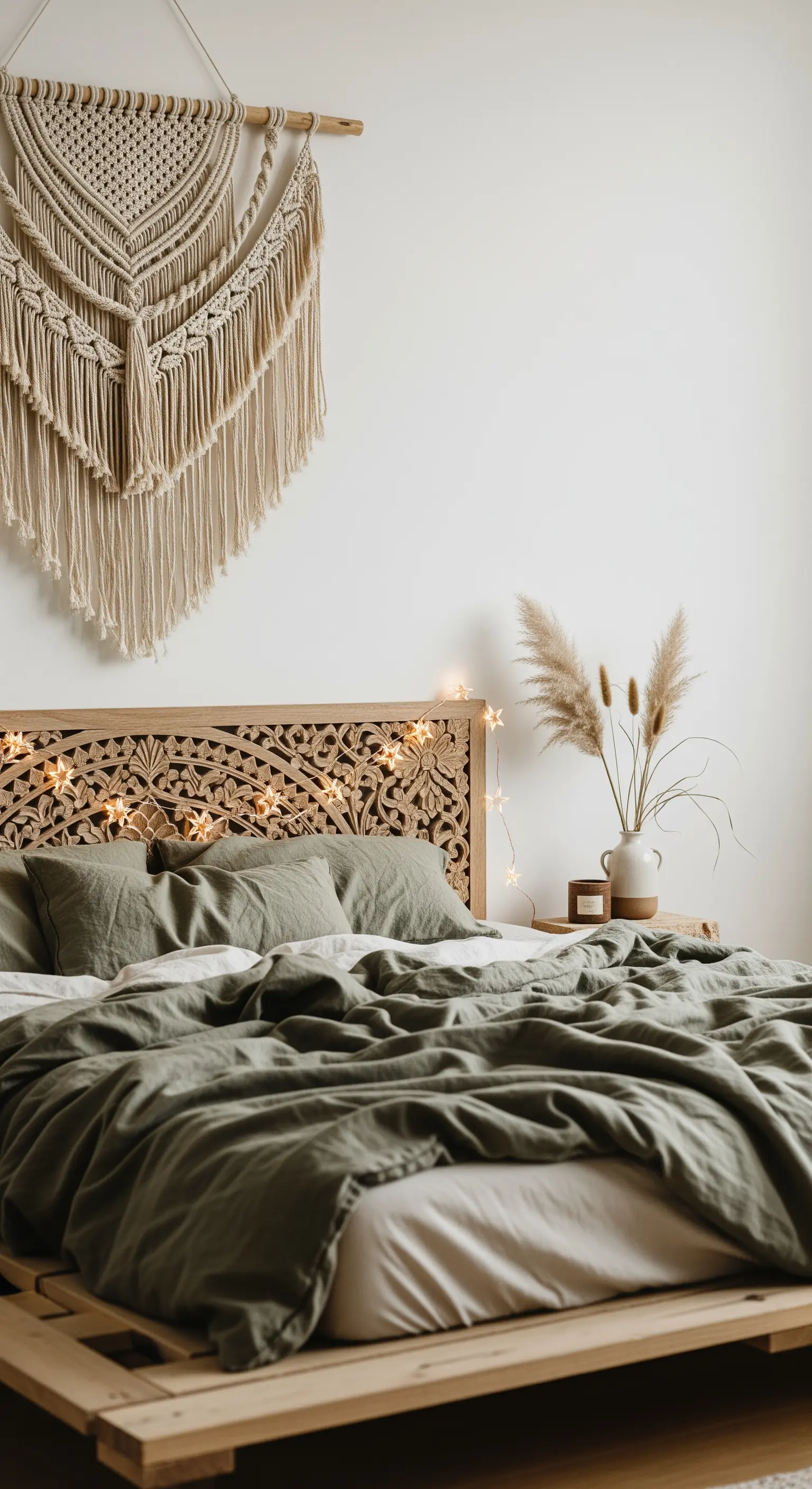 Boho-Schlafzimmer mit Makramee und einer Sternen-Lichterkette am Kopfteil