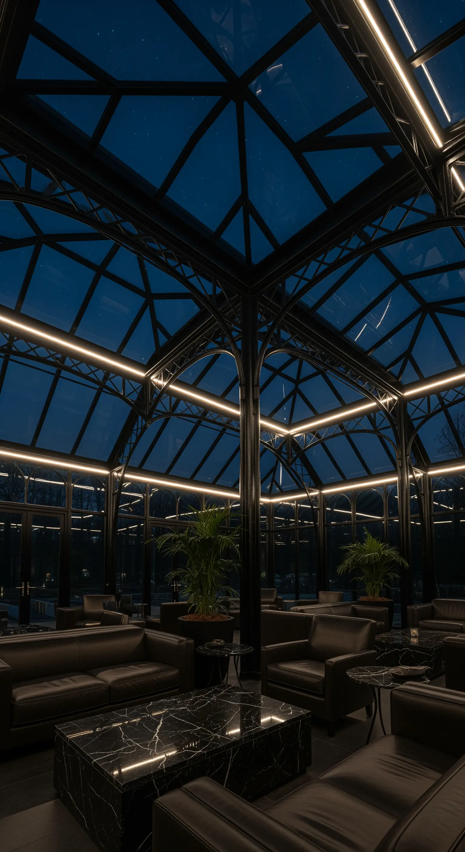 Orangerie mit Glasdach, kühler LED-Beleuchtung im Rahmen und dunklen Sofas bei Nacht