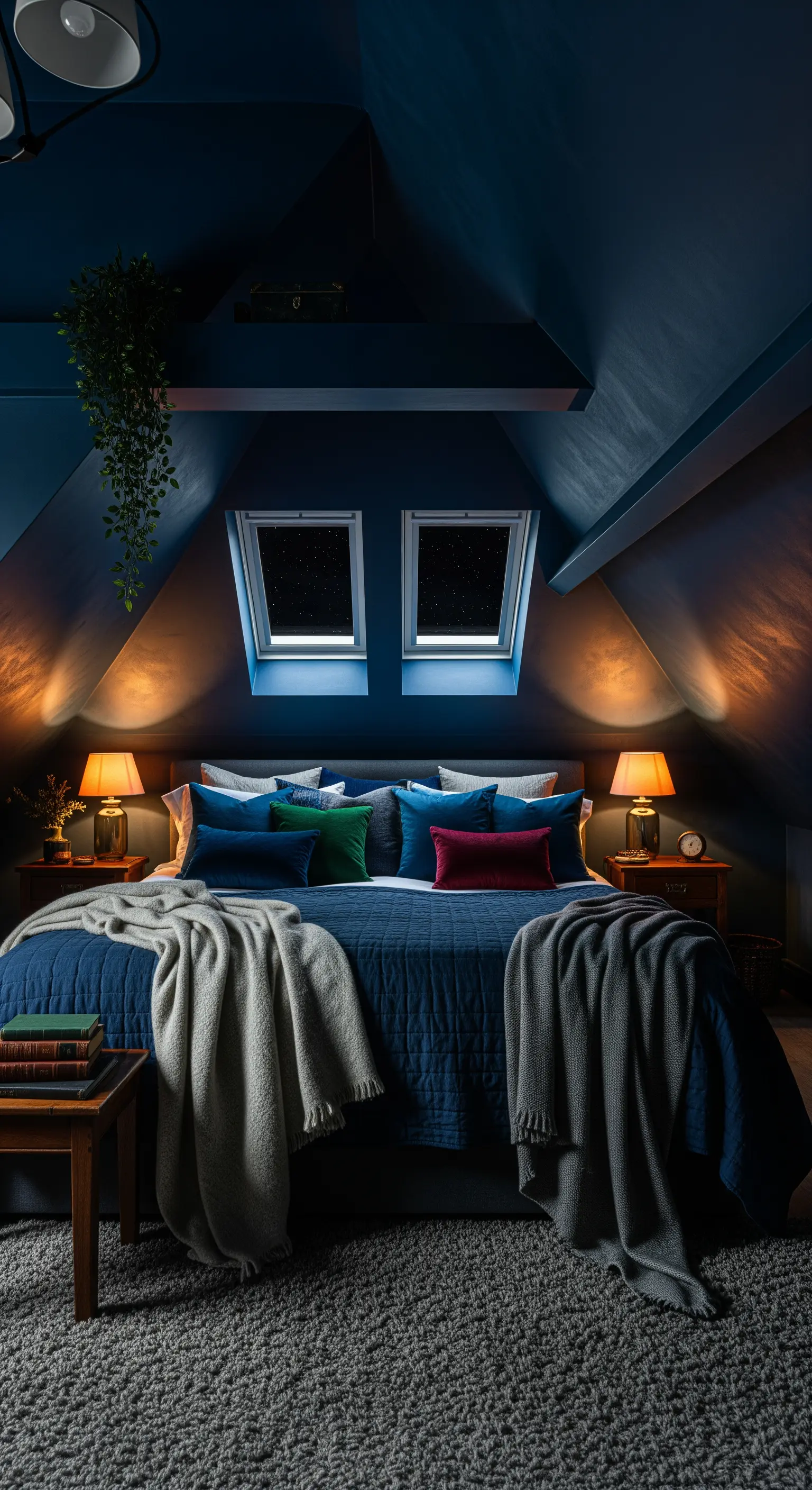 Dachgeschoss-Schlafzimmer in Nachtblau mit Sternenblick