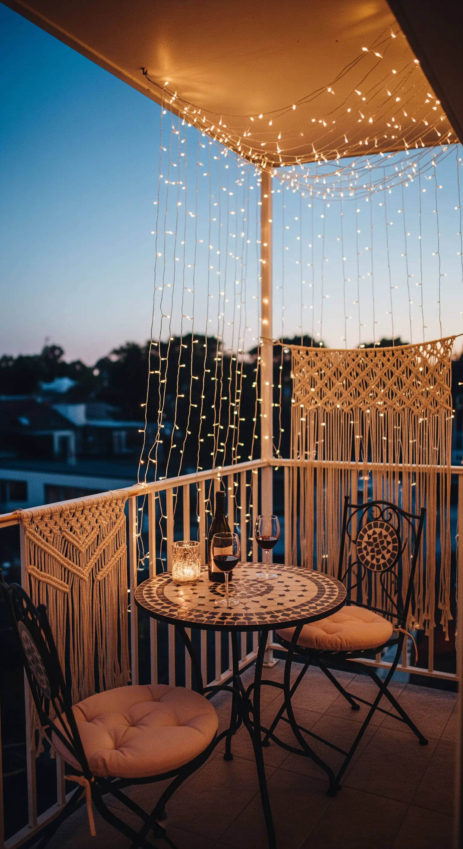 Romantischer Balkon bei Nacht mit einem Lichtervorhang und einem kleinen Bistrotisch.