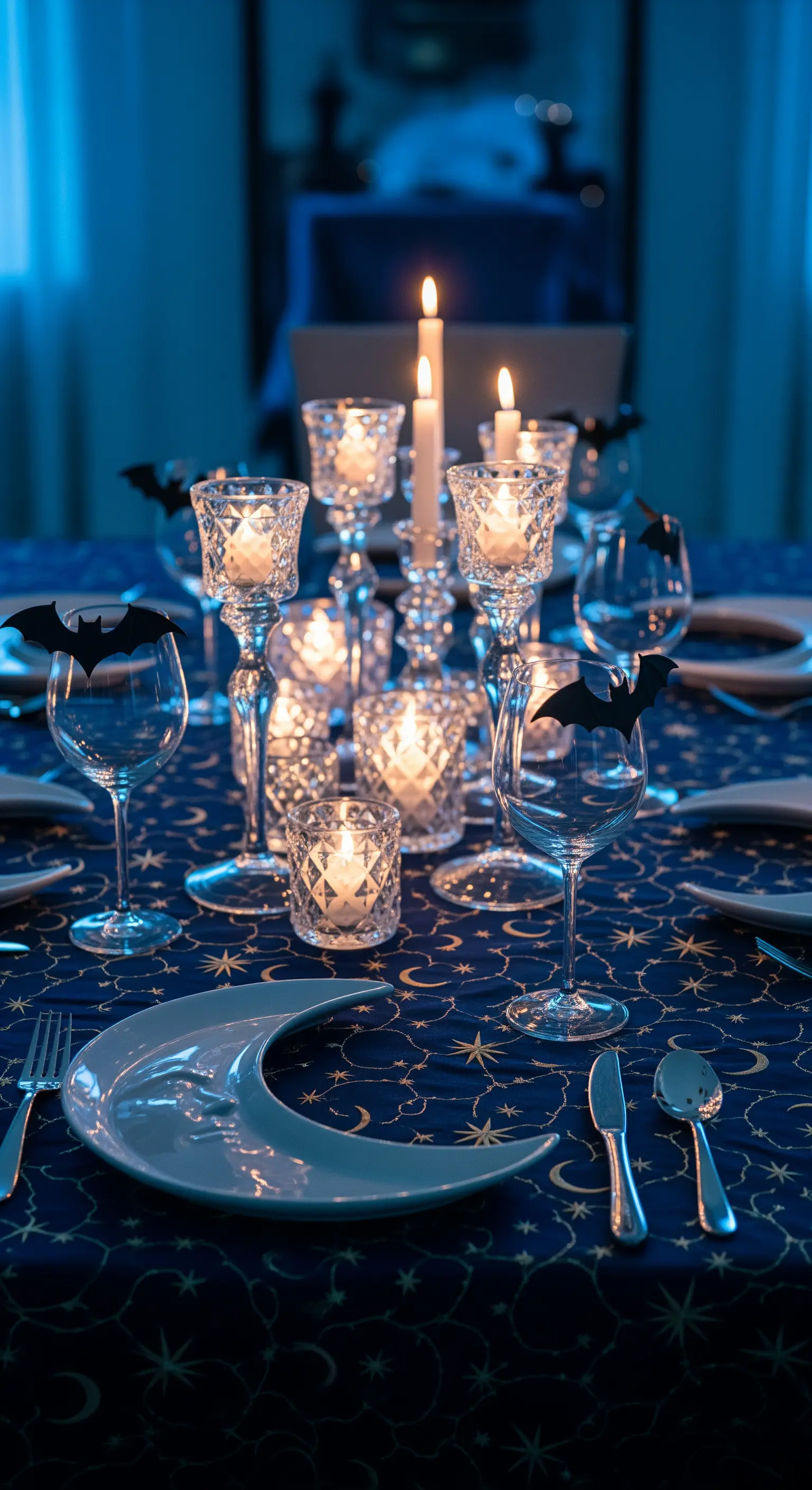 Sternenklare Halloween Tischdeko in Dunkelblau mit Mondtellern und Fledermaus-Akzenten