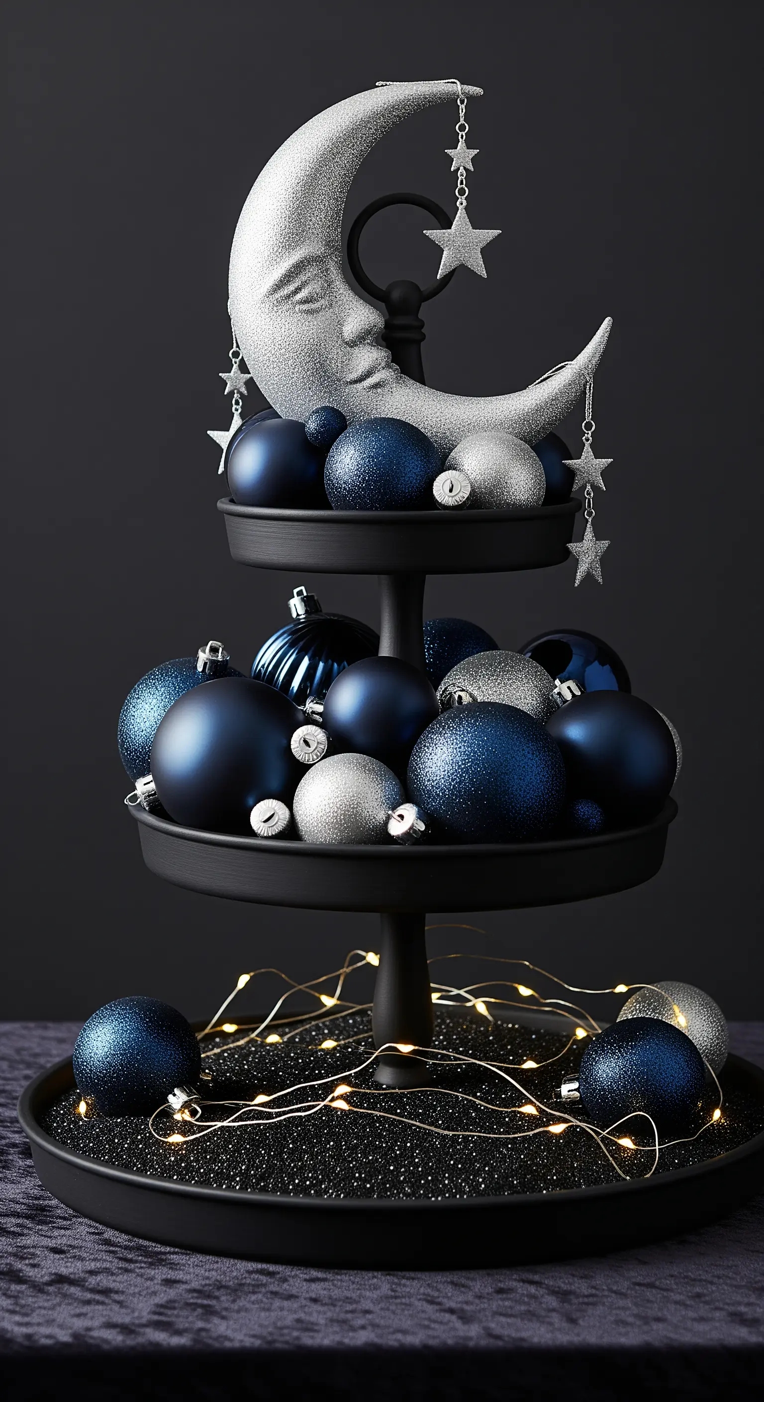 Schwarze Etagere mit dunkelblauen und silbernen Kugeln und einer Mondfigur.