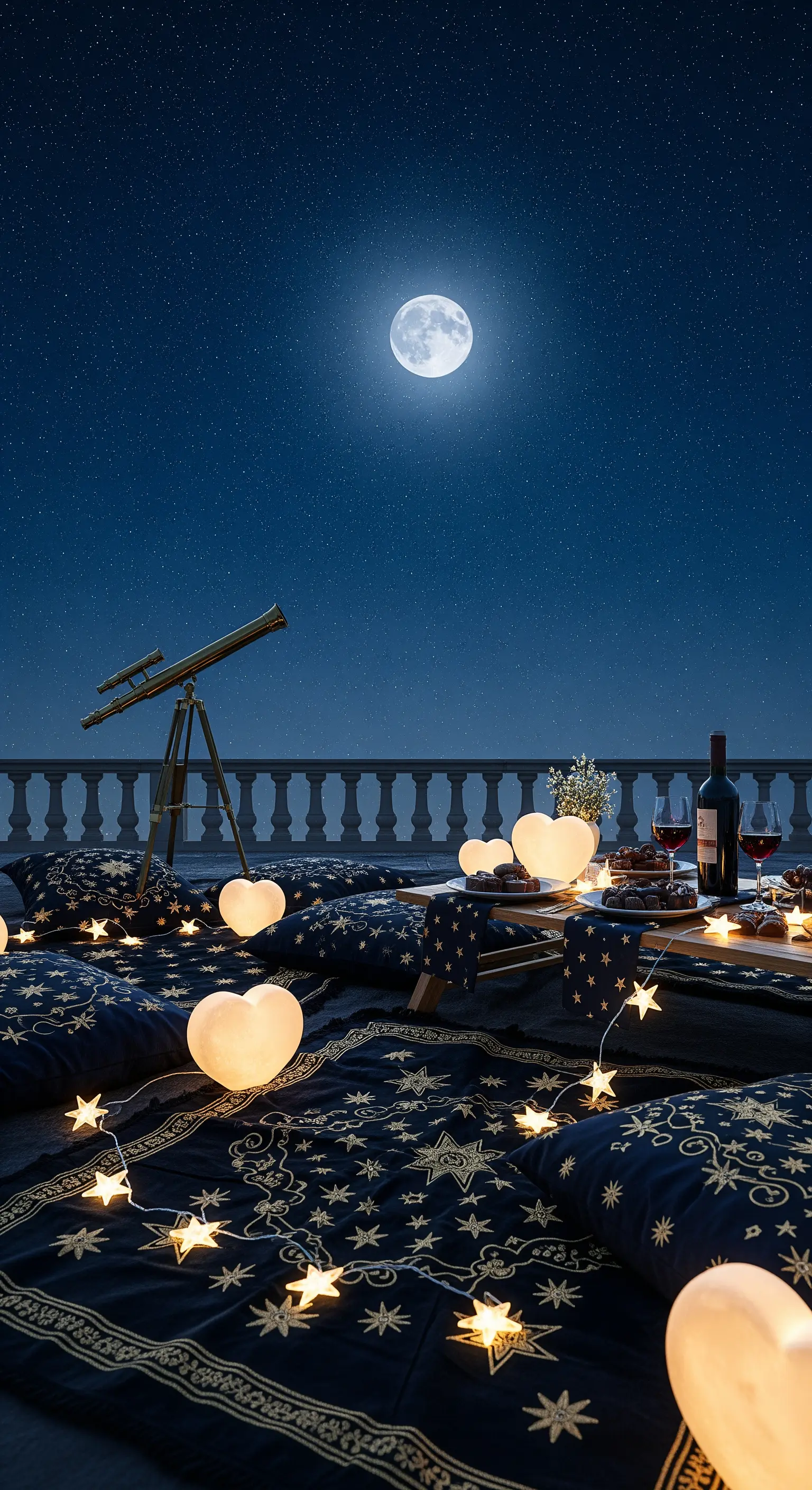 Sternenbeobachtungs-Balkon mit blauem Sternen-Teppich, Herzkissen, Teleskop und Lichterketten.