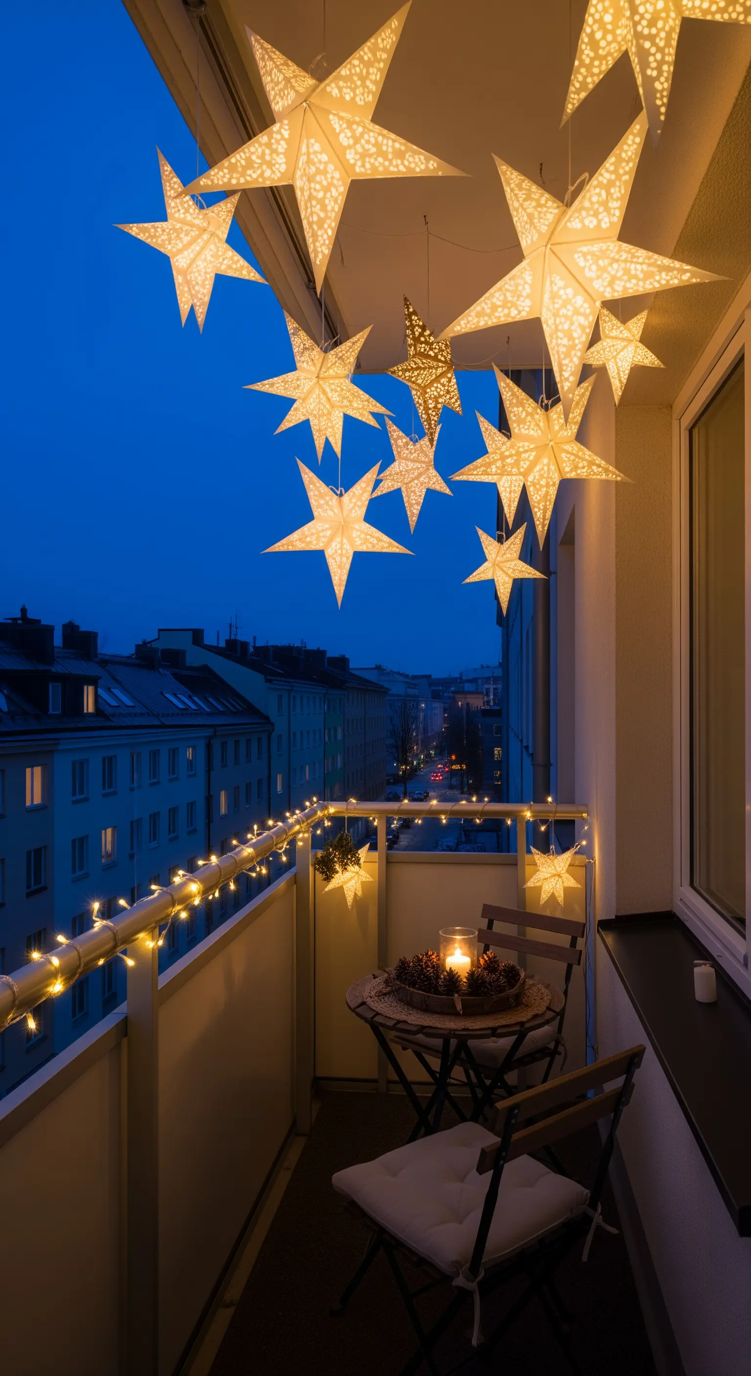 Balkon mit hängenden Papiersternen, Lichterkette am Geländer und gemütlicher Tischdeko