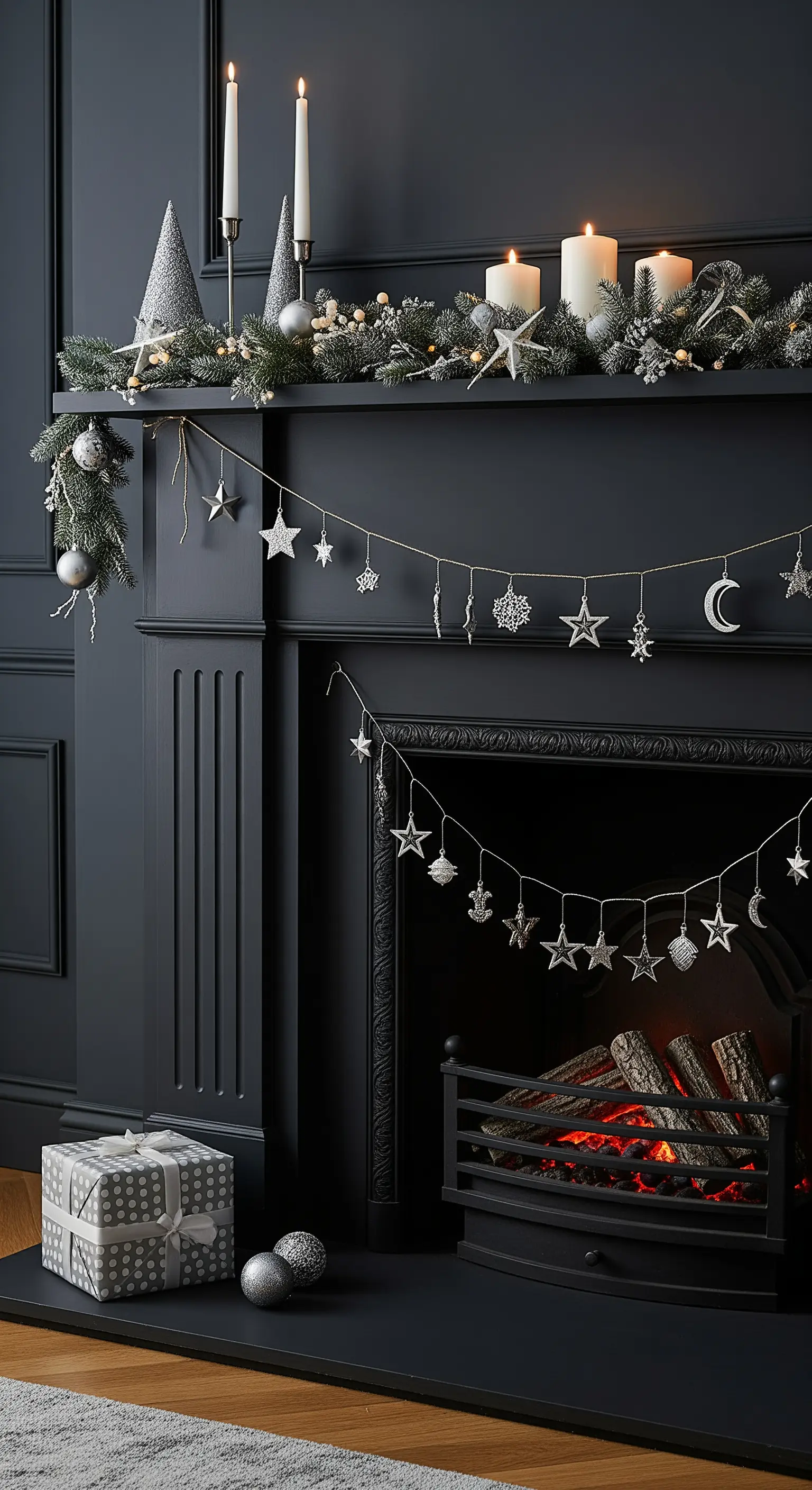 Mattschwarzer Kamin mit silberner Sternen- und Mond-Dekoration und weißen Kerzen.
