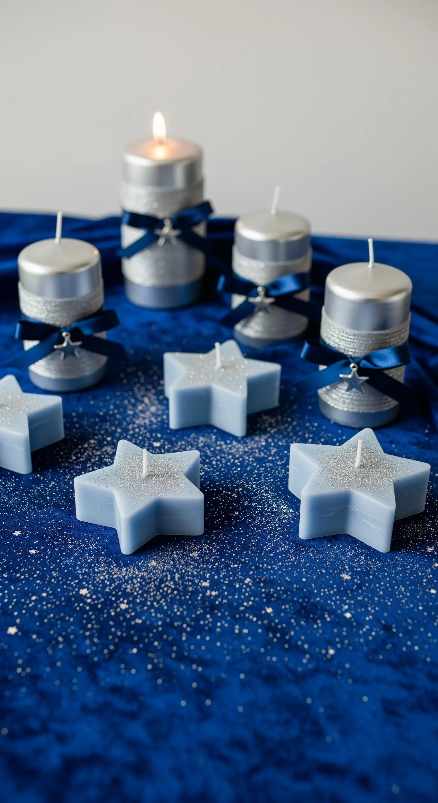 Blaue und silberne Kerzen in Stern- und Zylinderform auf blauem Samt.