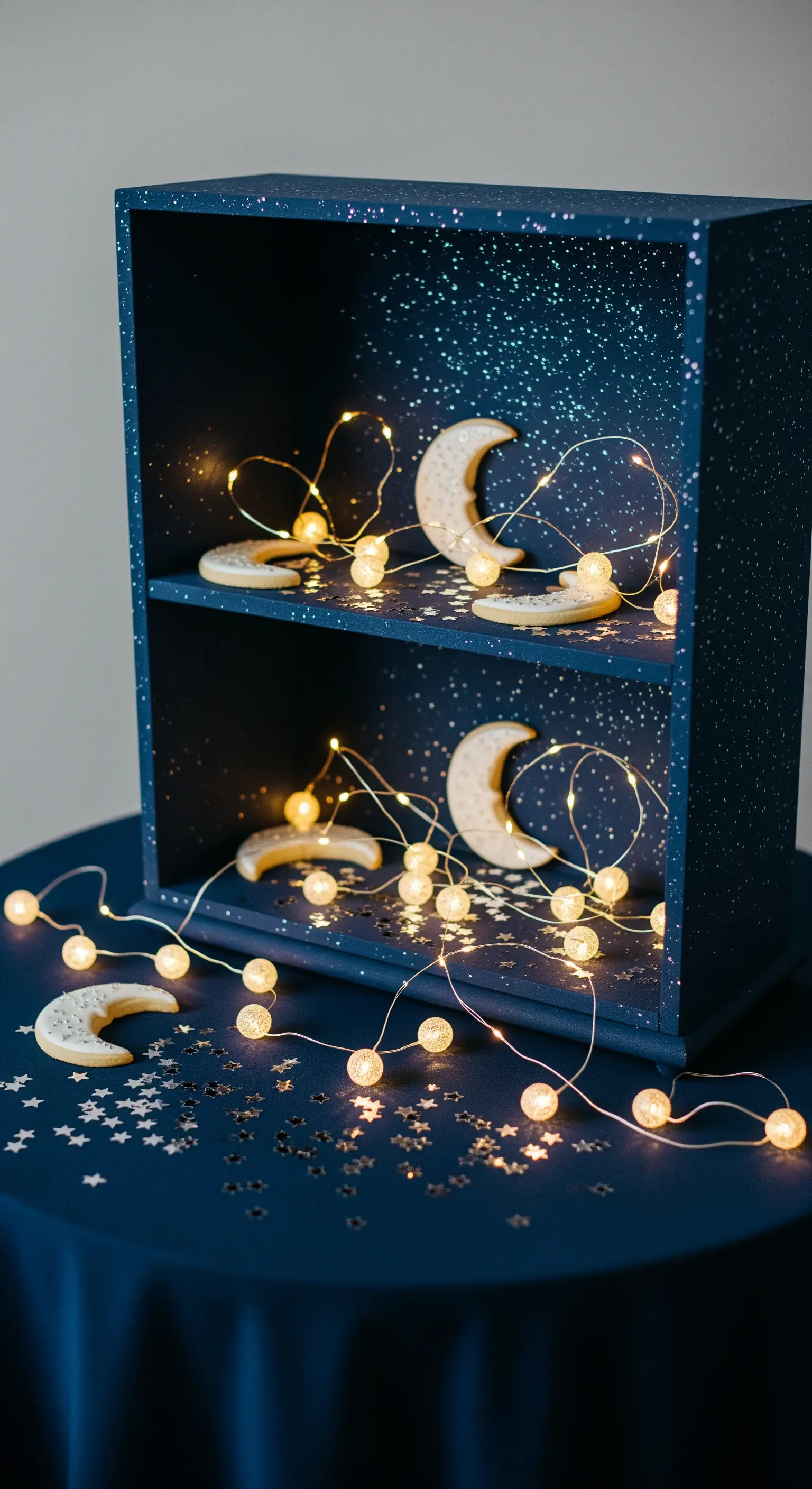 Dunkelblaue Etagere als Sternenhimmel mit Mond-Keksen und einer leuchtenden Lichterkette.
