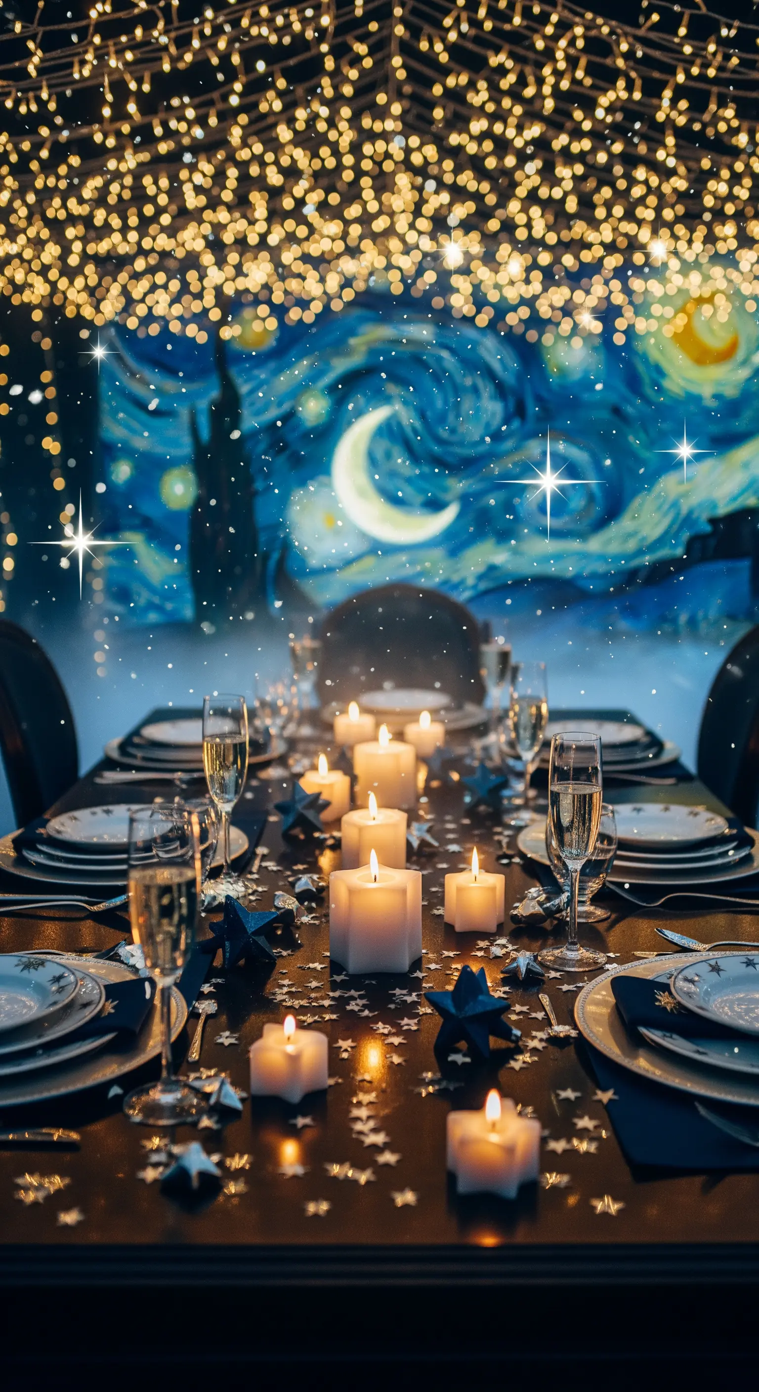 Neujahrstisch mit weißen Kerzen, blauen Sternen vor Van Goghs Sternennacht und Lichterketten.