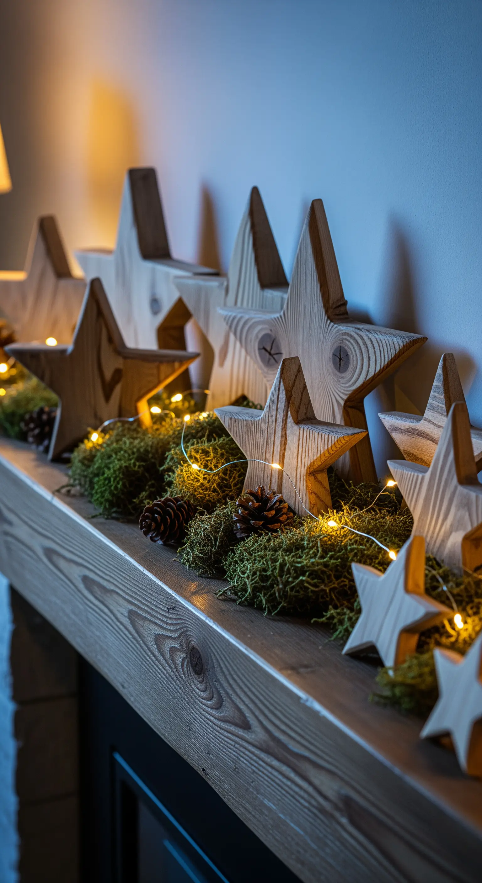 Kaminsims mit hölzernen Sternen, Moos, Tannenzapfen und Lichterketten