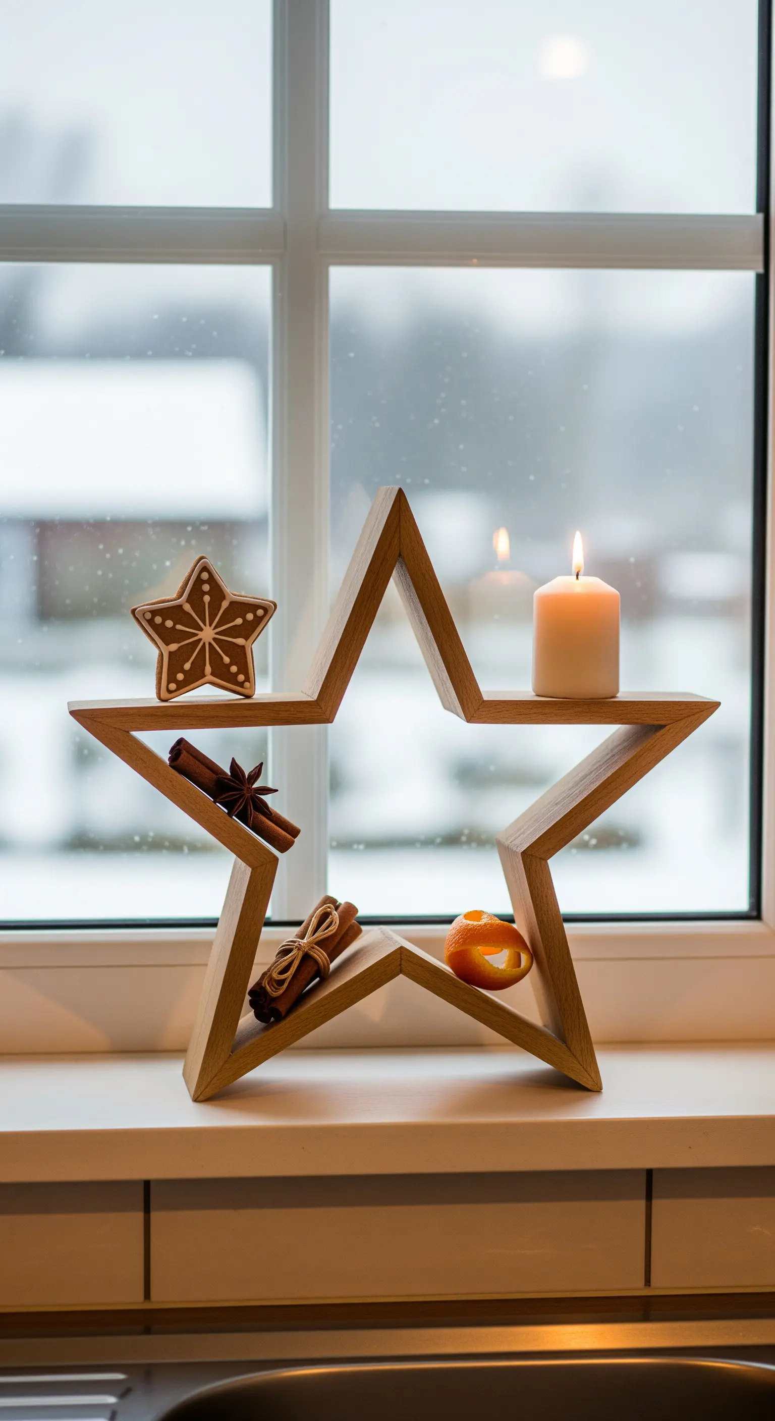 Sternförmiges Holzregal mit Kerze und Weihnachtsdeko am Fenster.