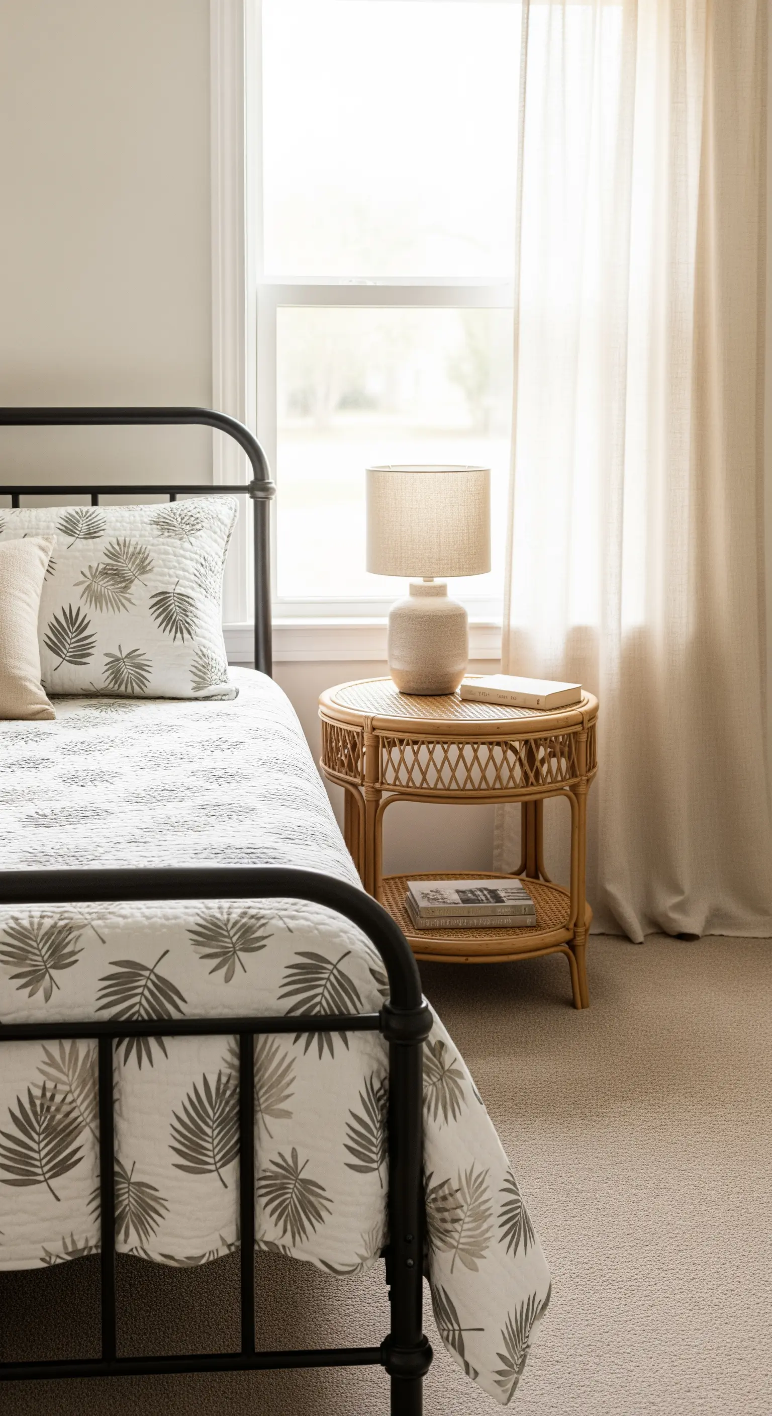 Schlafzimmer mit Metallbett und Rattan-Nachttisch