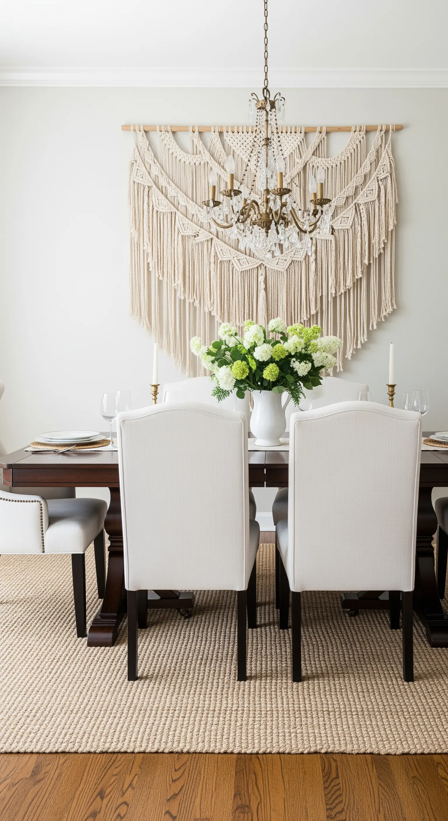 Großer Makramee-Wandbehang hinter einem eleganten Kristall-Kronleuchter.